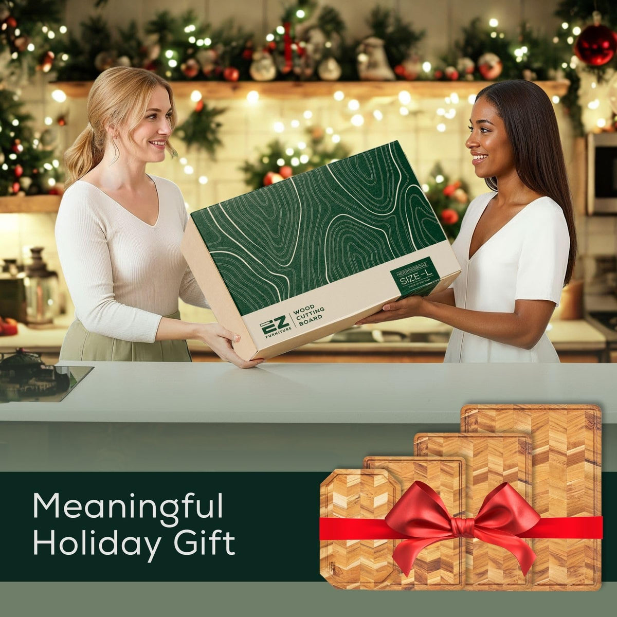 EZ FURNITURE Extra Large (XL) Teak Edge Grain Cutting Board, Reversible, Knife-Friendly Charcuterie Butcher Block, Juice Groove & Handles, Non-Toxic, Gift Box Included (Herringbone, 24" x 18" x 1.5")