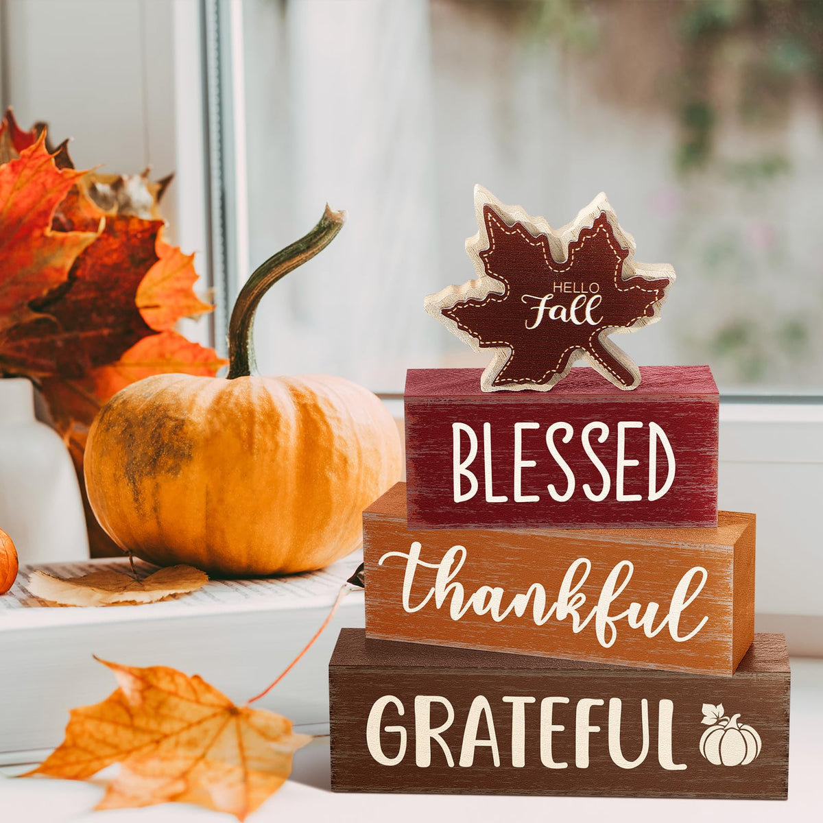 Yousoontic 4 Pcs Hello Fall Wooden Table Decorations Maple Leaf Autumn Rustic Block Signs Centerpiece Tiered Tray Decor Thanksgiving Wood Farmhouse Tabletop Decor Gift for Kitchen Entryway Home Desk