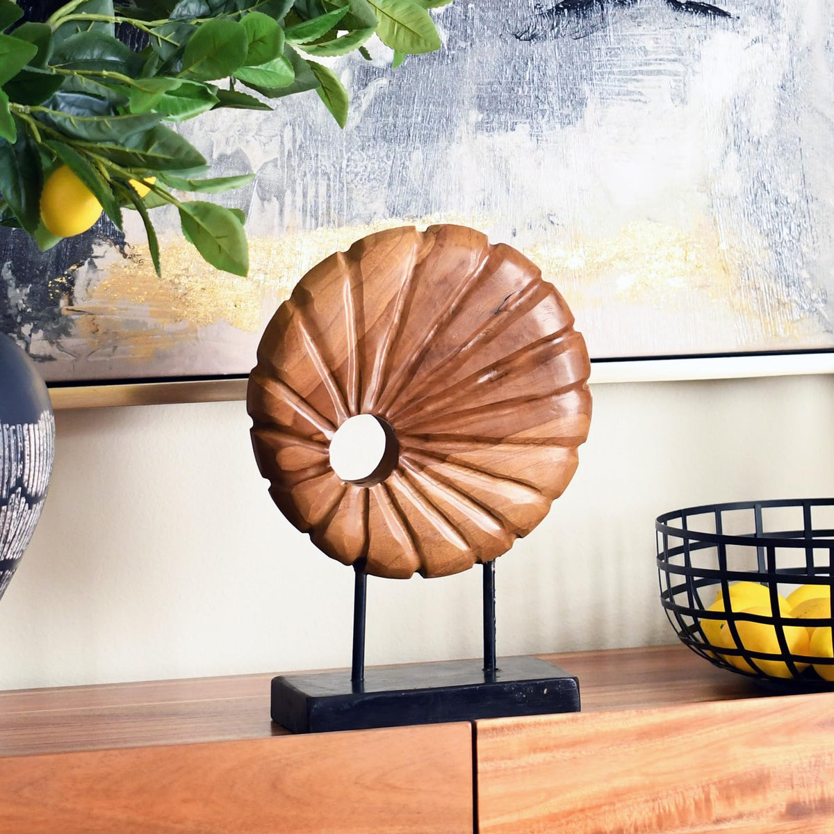 JOLLYMER Teak Sculpture Home Décor for Shelf Sculpture with Base Decoration for Living Room, Bedroom, Office 13.8"X9.8"X3.5"