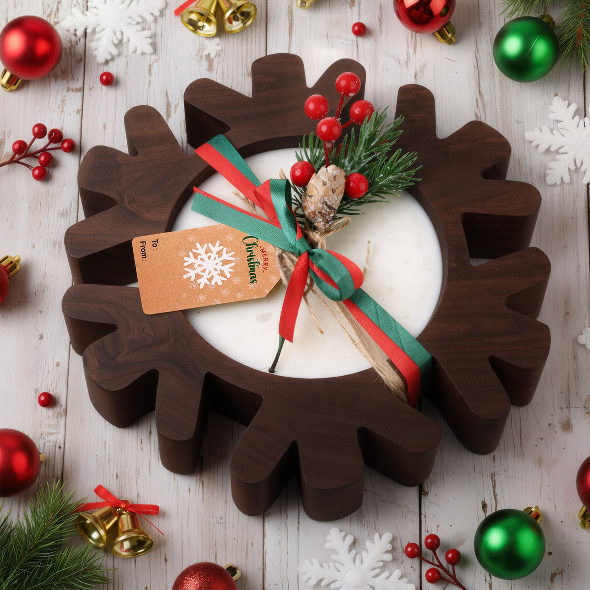 Potchen 1 Set Wooden Christmas Bowl Candle Gifts 14oz Large Rustic Wood Christmas Dough Bowl Candle with Berries Pine Label for Xmas Farmhouse Table Centerpiece Decor, 11.81 x 9.84 in(Snowflake)