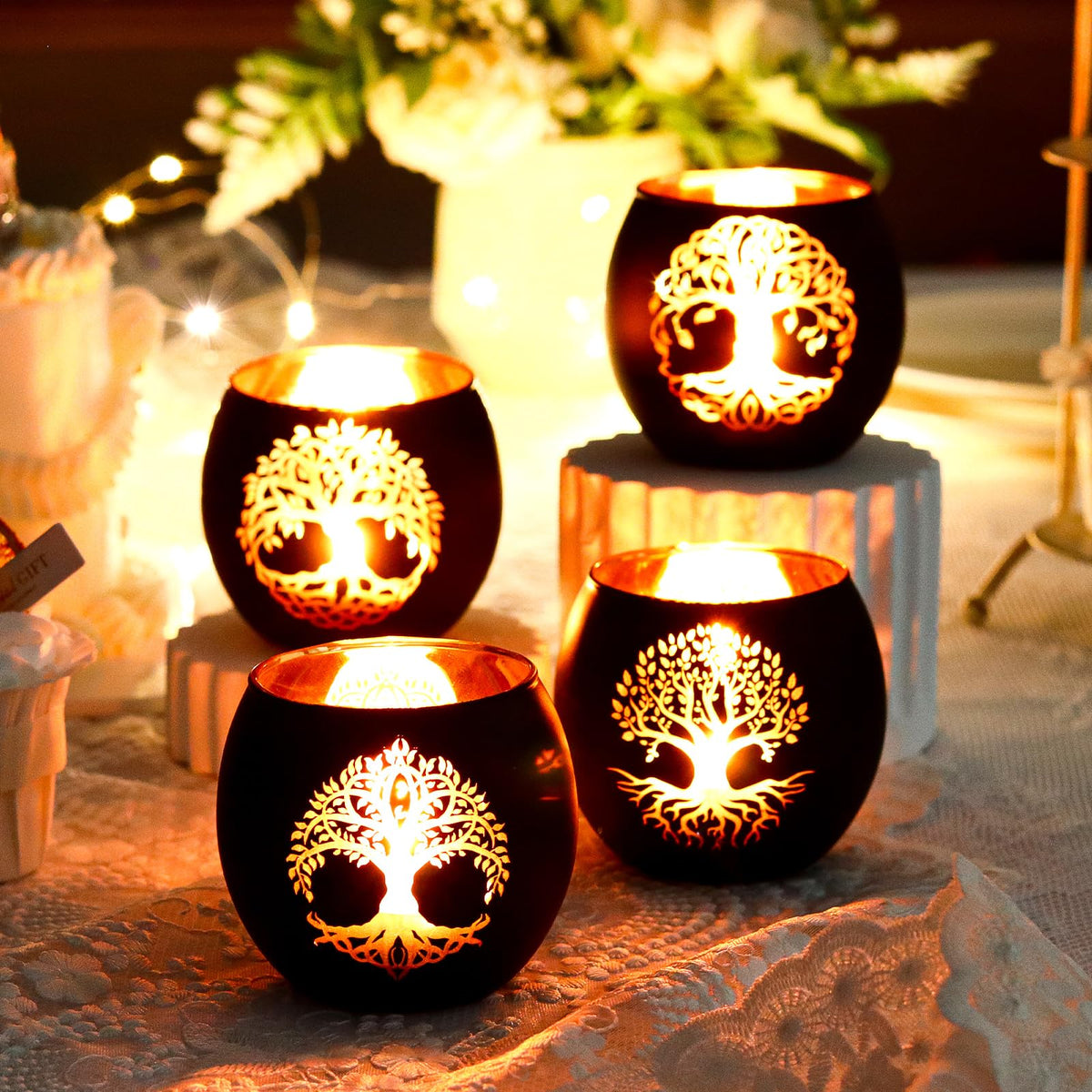 SHMILMH Black Gold Votive Candle Holders 6 PCS Tree of Life Glass Tealight Candle Holders Wedding Decorations for Reception, Birthday Party, Baby Shower, Bridal Shower Table Centerpiece Decor