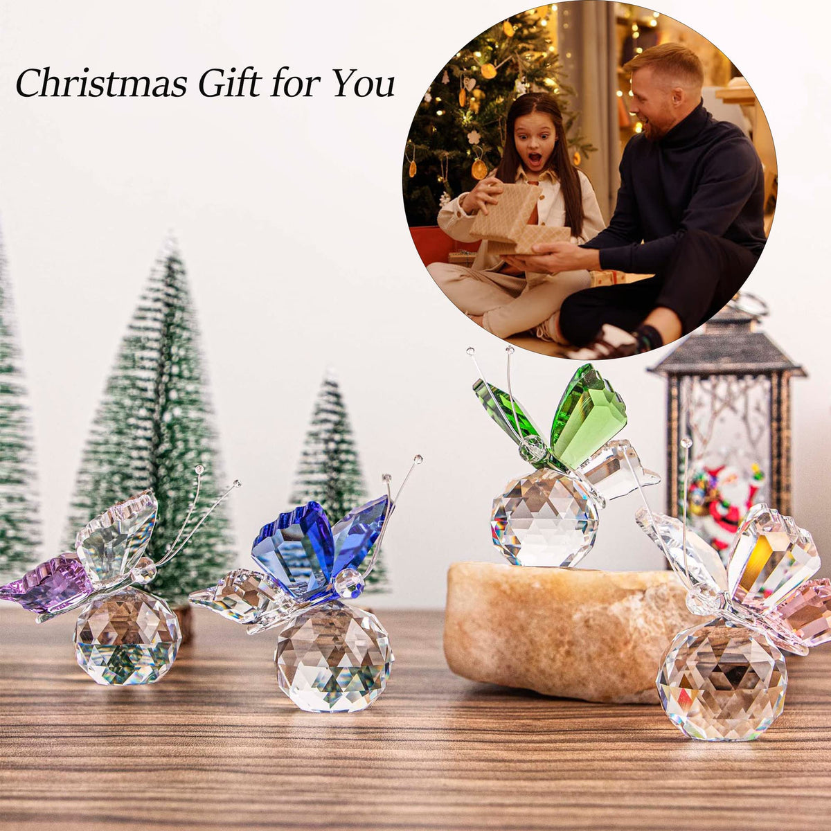 H&D HYALINE & DORA Set 8pcs Crystal Flying Butterfly with Ball Base Figurine Cut Glass Ornament Statue Animal Figurine Collection Home Wedding Office Table Decorations