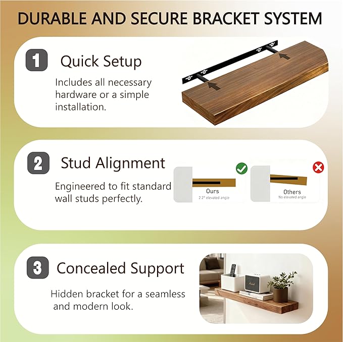 Solid Wood Floating Shelves, 15in Finished Real Wood Wall Shelves