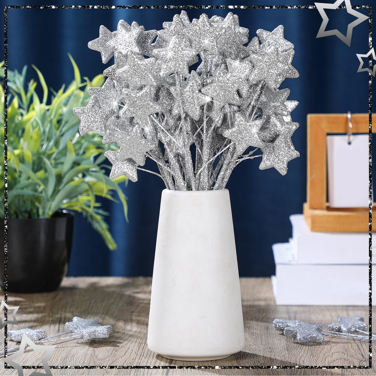 Wavwavw 24 Pcs Glitter Star Picks 13.8'' Sparkly Star Stem Picks Decoration Foam Vase Sticks Centerpiece Table Craft Vase Filler for Wreath Birthday Wedding Bridal Shower Arrangement(Silver)