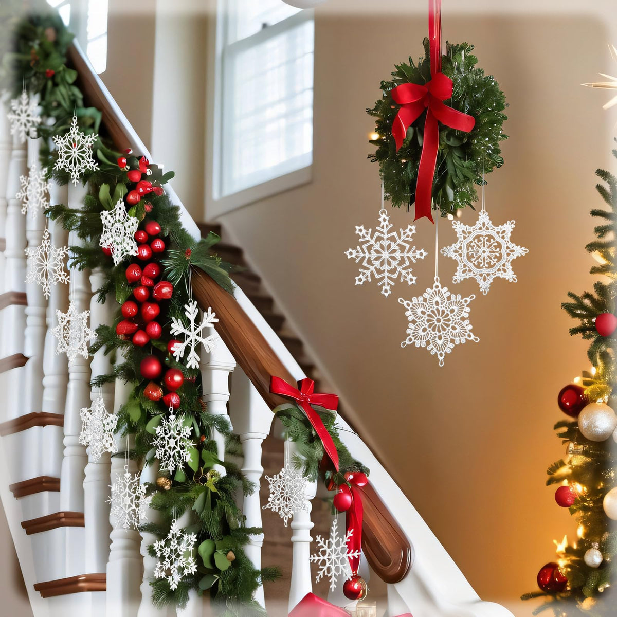 HunnmingRe 48 Pcs Crochet Snowflake Ornaments Winter Crocheted Snowflake Bulk 12 Styles Hanging Decor for Winter Decorations Christmas Wonderland Tree Wall Holiday Party Woven Gift