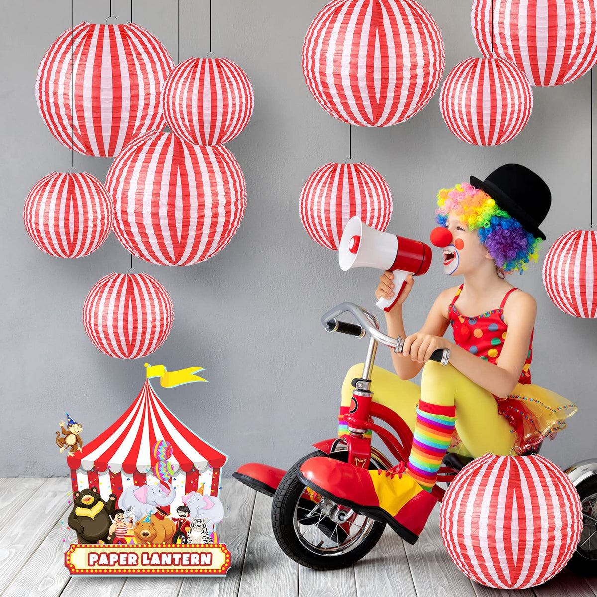Hortsun 12 Pcs Carnival Circus Decorations Red and White Stripes Paper Lanterns Chinese Hanging Paper Lanterns for Carnival Circus Wedding Birthday Party Baby Shower Home Decoration