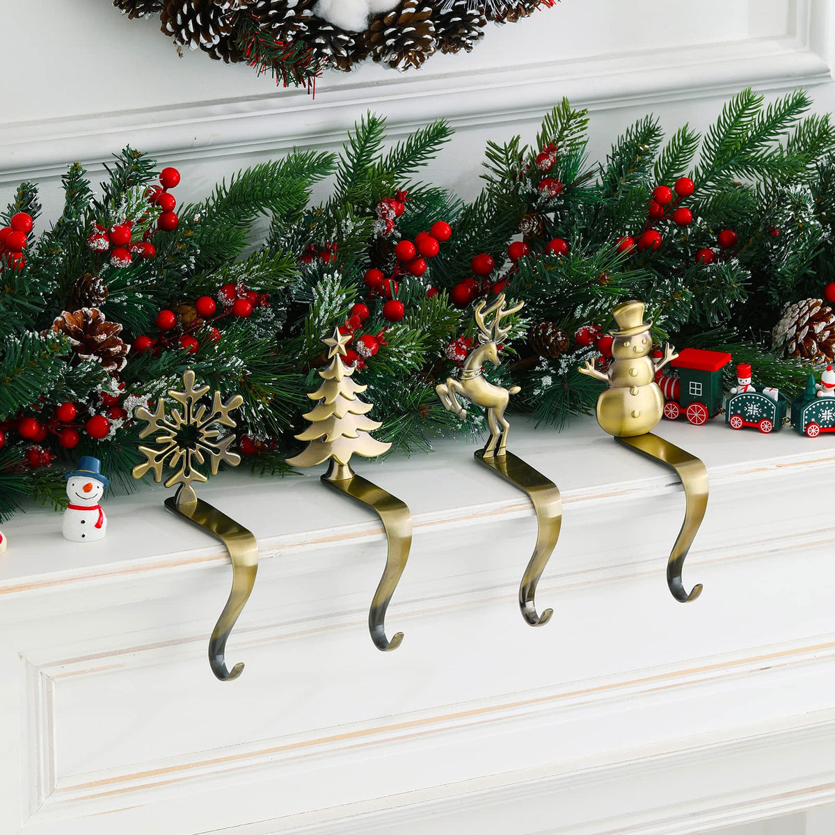 NIGHT-GRING Christmas Stocking Holder - Set of 4 Stocking Hangers Snowman Santa Snowflakes Christmas Tree Deer Stocking Hooks for Fireplace, Shelf, Staircases