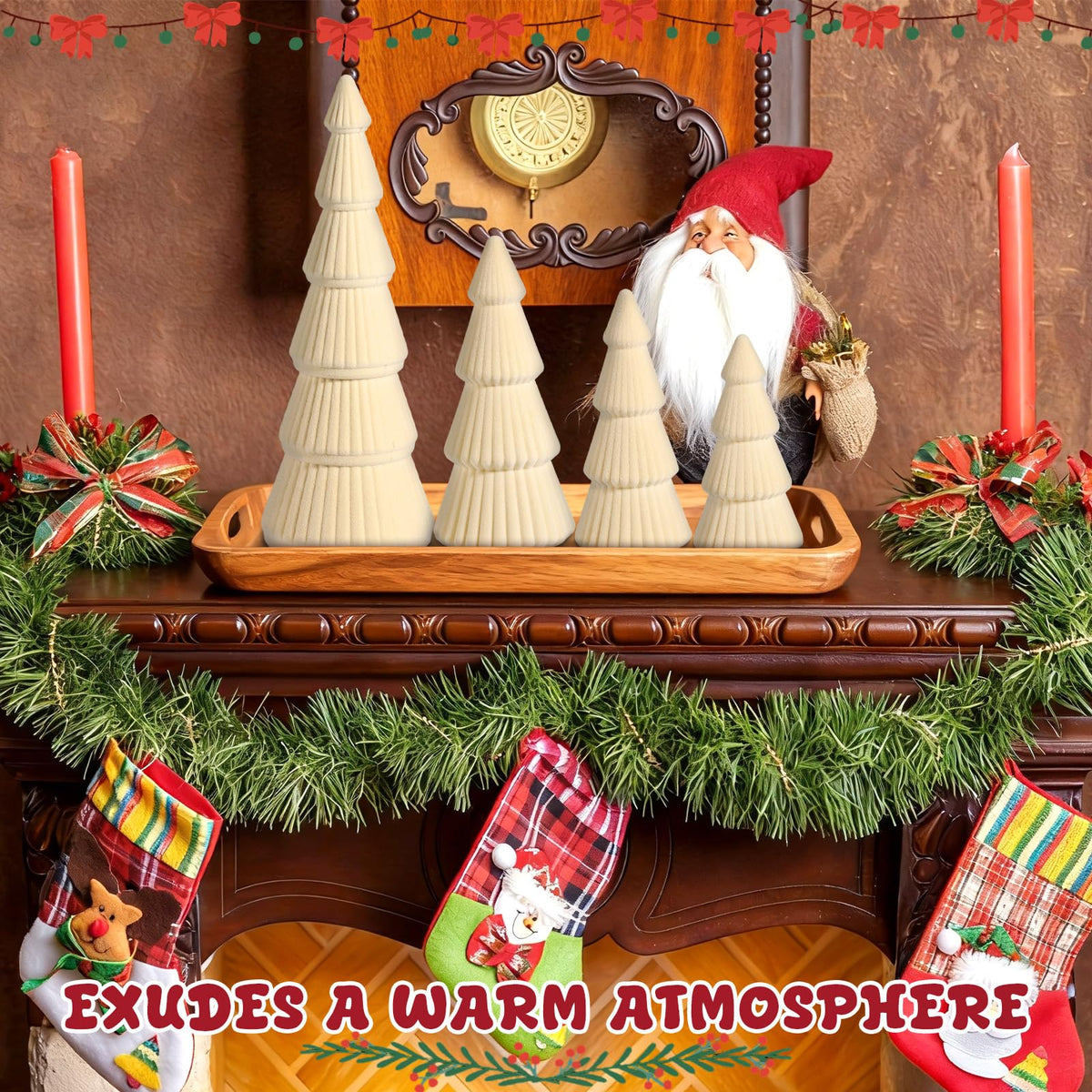 5 Pieces Christmas Velvet Trees Set Modern Christmas Decor 4 Szies Christmas Velvet Cone Trees Table Decoration Winter Decoration for Entryway Mantle Farmhouse(Creamy White)