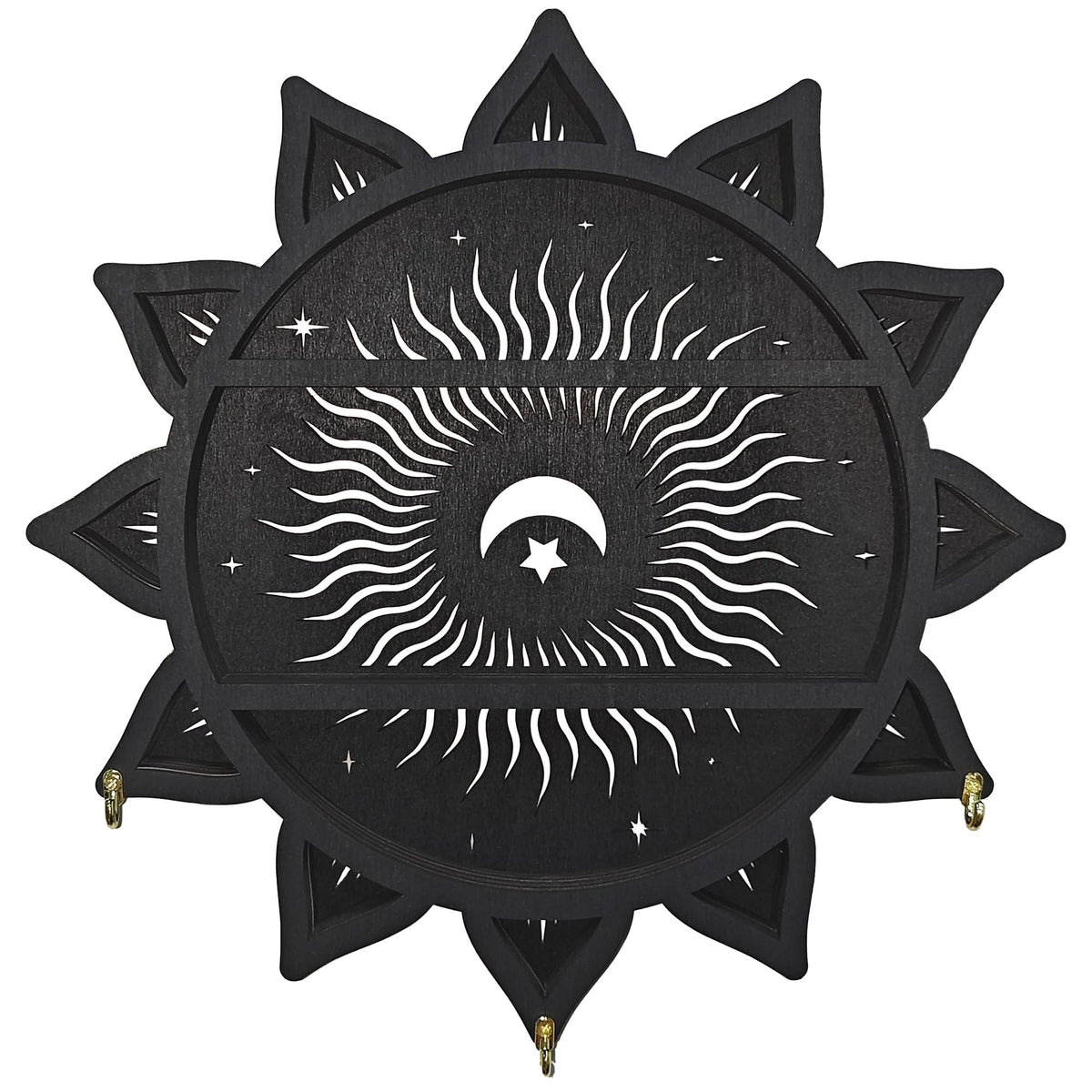 FNYDOX Chakra Lotus Flower Crystal Display Shelf with LED Light, Witchy Home Decor Boho Decorative Wall Mounted Trinket Shelf Wooden Sun Moon Shelf Rock Case Stone Storage Floating Hanging Holder