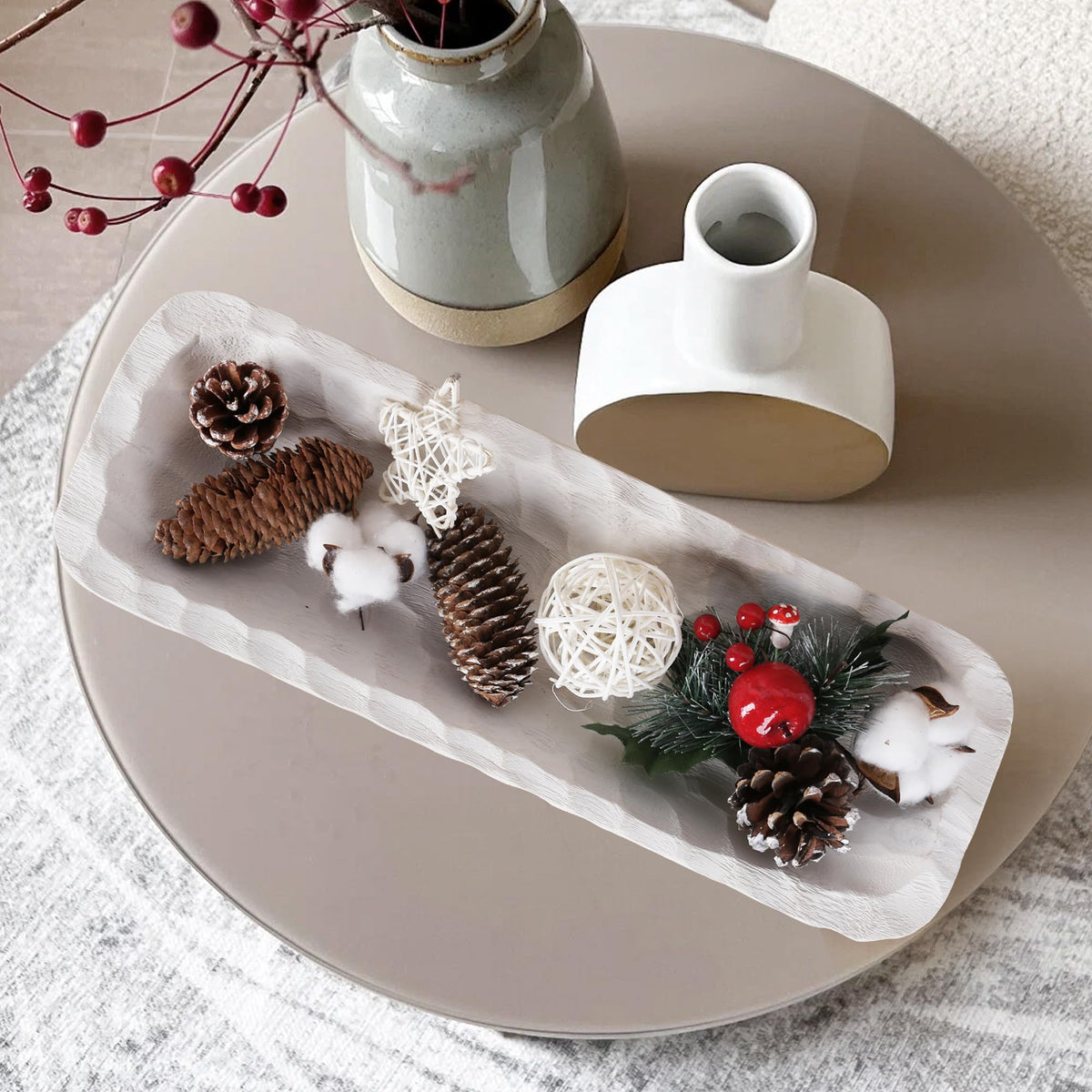 Decorative Bowl for Home Decor, Long Dough Bowl with Hand Carved Irregular Texture, Unique Table Centerpieces, Wooden Home Decor Accents for Farmhouse Boho Rustic Style(16.1"x 5.5" Washed White)