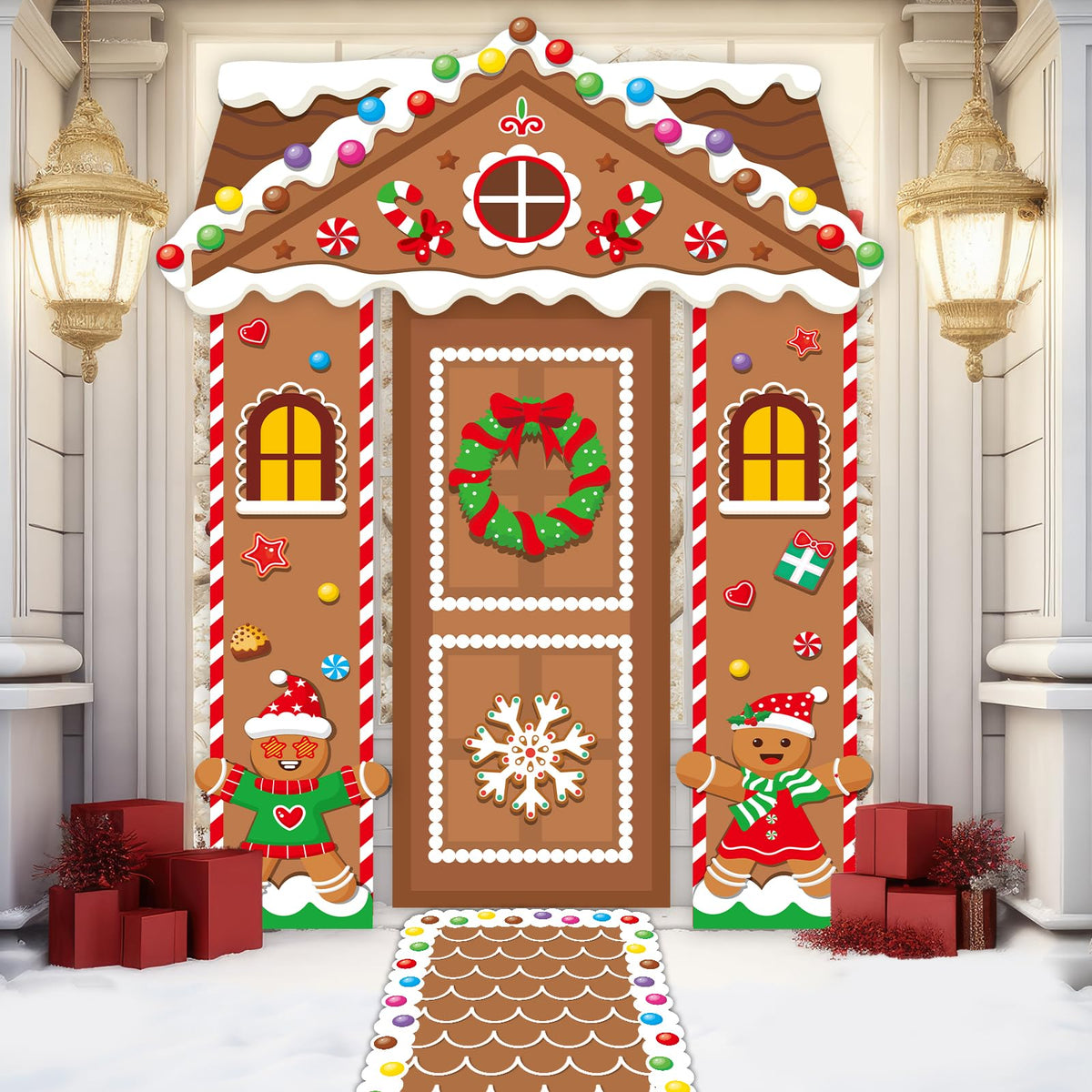 5 Pcs Christmas Gingerbread House Decorations Xmas Candy Gingerbread Door Cover Floor Runner Xmas Candy Hanging Banner Backdrop Christmas Porch Signs for Holiday Classroom Home Candyland Party Decor