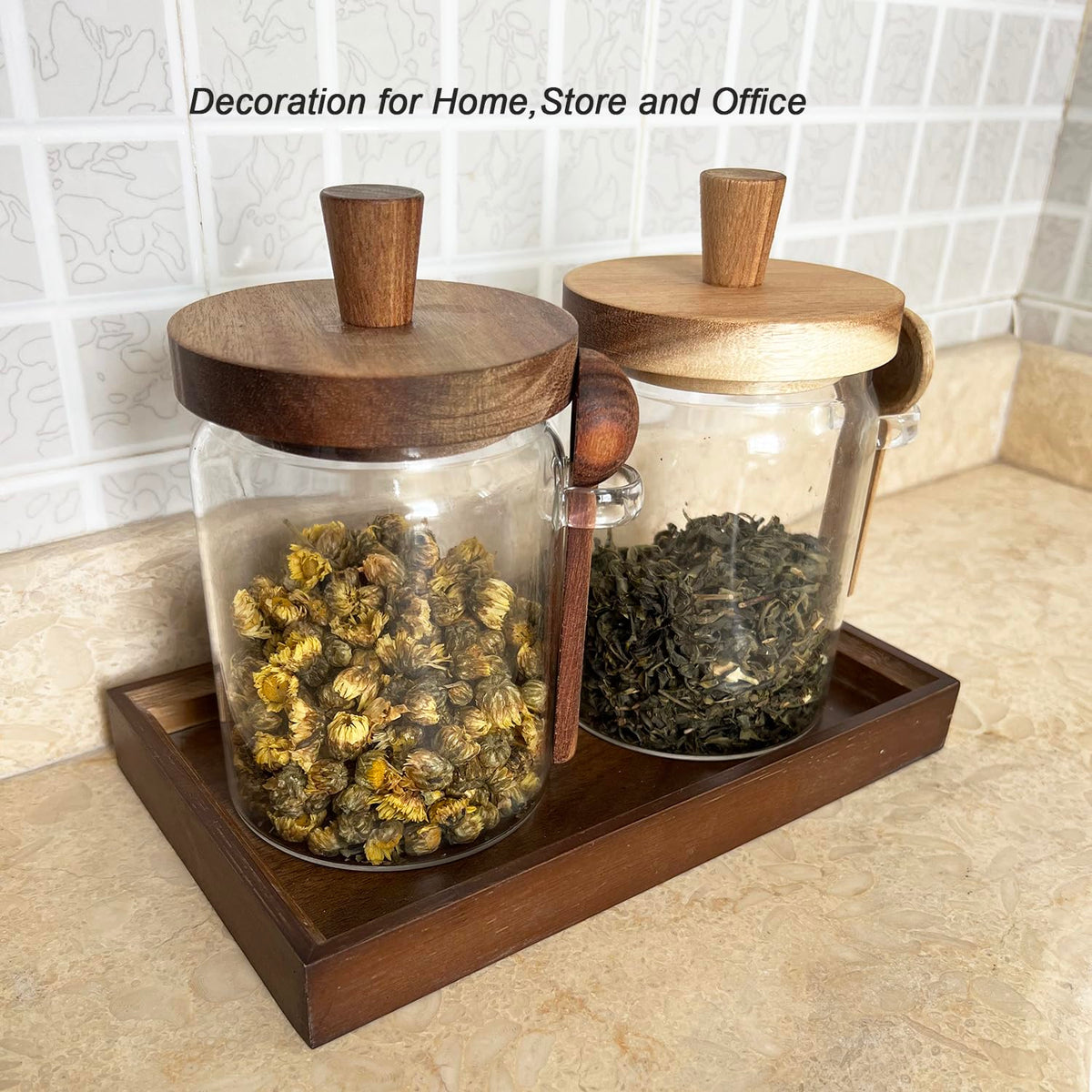 BEECO GIF2U Glass Jars with Brown Wooden Lids and Scoops 20oz 2Pack with Tray, Airtight Food Storage Containers with Tray for Sugar Coffee Bean Candy Spice