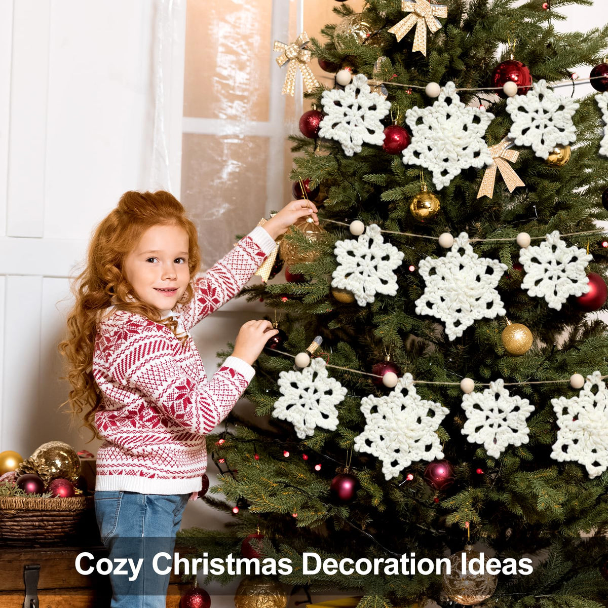 Tudomro Christmas Crochet Snowflake Garland 6.56ft Rustic Handmade Xmas Banner Snowflake Wooden Beads Farmhouse Hanging Decor for Mantel Fireplace Home Room Wall Window Door Gift