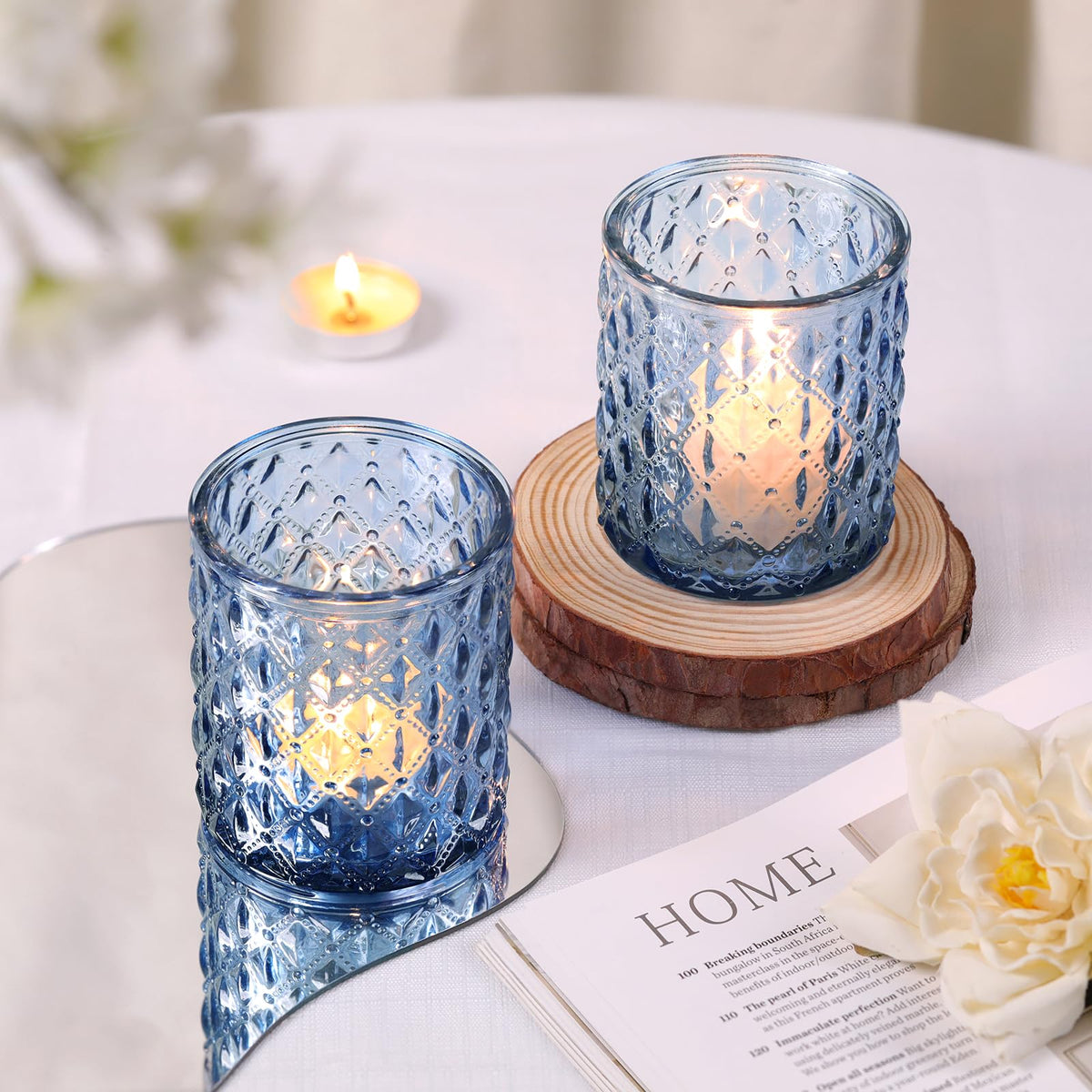 8 Pcs Large Votive Candle Holders Blue Tea Light Candle Holders Glass Candle Holder for Wedding, Bridal Shower, Table Centerpiece, Party, Home Decor