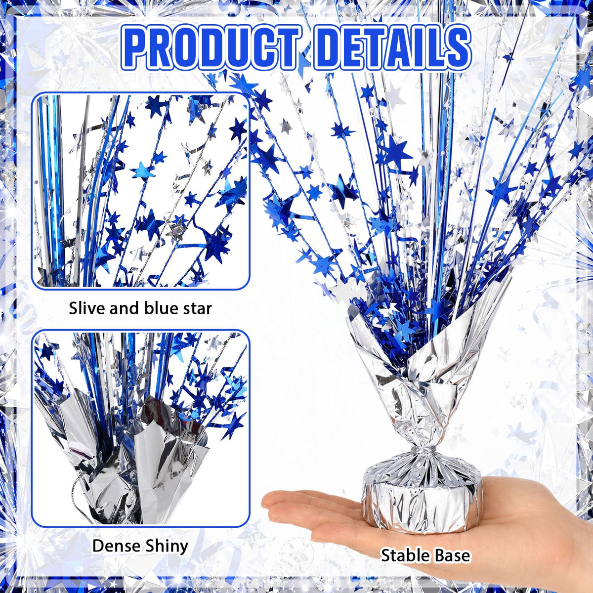 SiliFine 18 Pack Metallic Foil Spray Centerpiece Blue Silver Star Table Decoration Burst Glitter Table Topper Decor for Birthday Wedding Graduation Back to School Shower Party Supplies Decor
