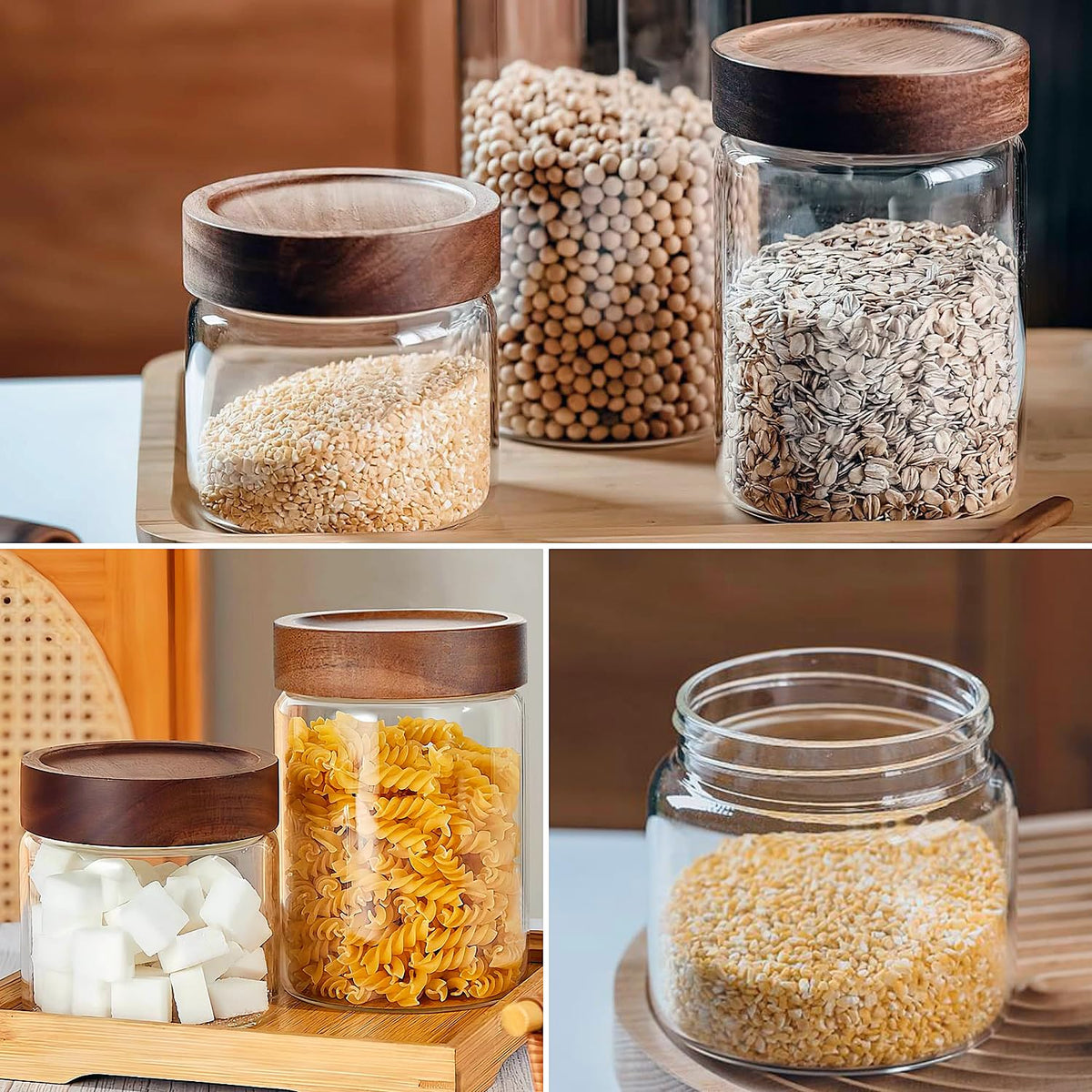 17 Fl oz/500 ml Glass Food Storage Jar, Premium Clear Glass Container Jar with Airtight Screw-on Wooden Lid, Kitchen Canisters for Coffee,Tea,Pasta,Cookies, Nuts,Spice,Candy,Overnight Oatmeal(Small)