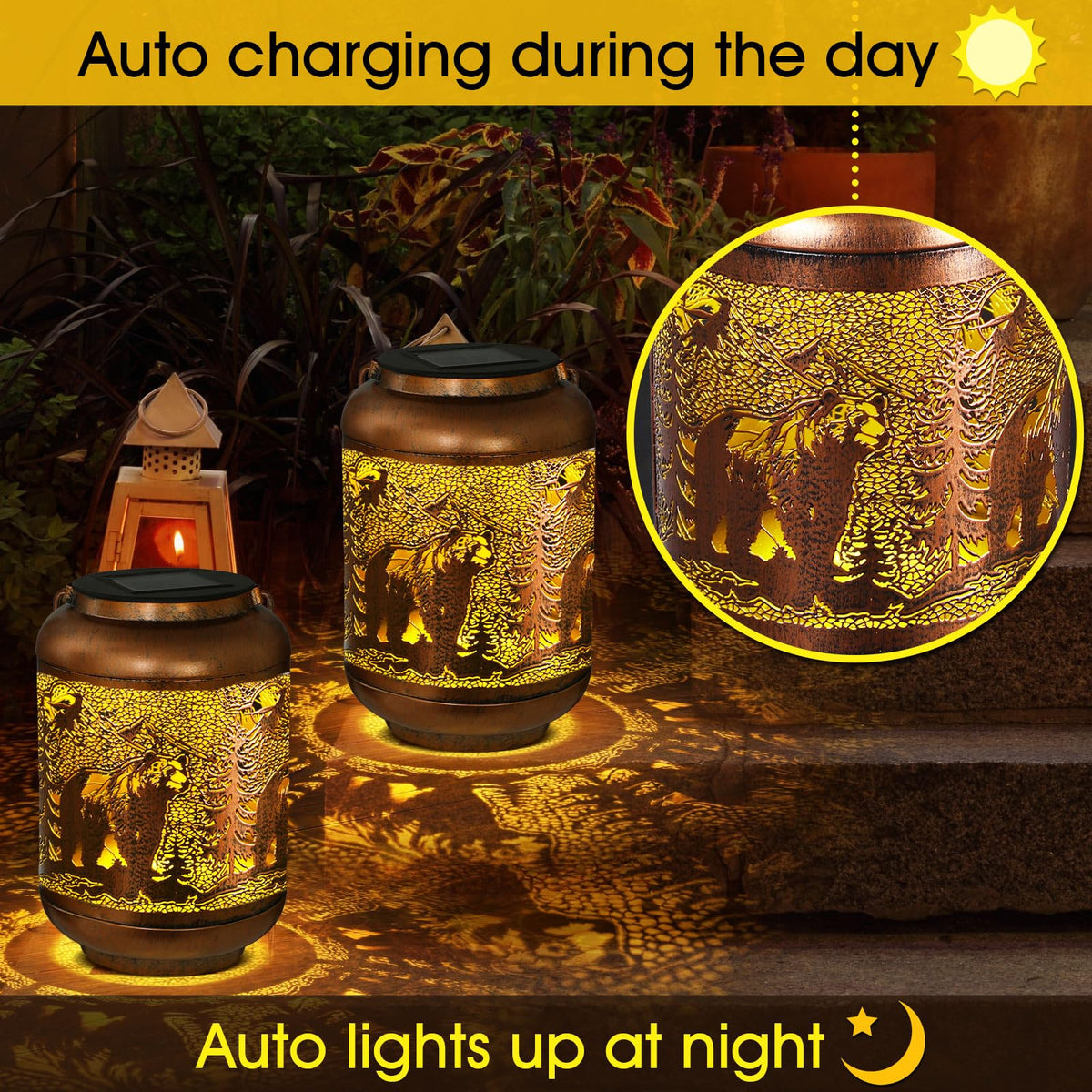 Flutesan Bear Solar Lantern Outdoor Waterproof Hanging Light Bear Solar Light Gift for Women Men Summer Xmas Metal Decorative LED Lanterns for Garden Patio Porch Tabletop Landscape