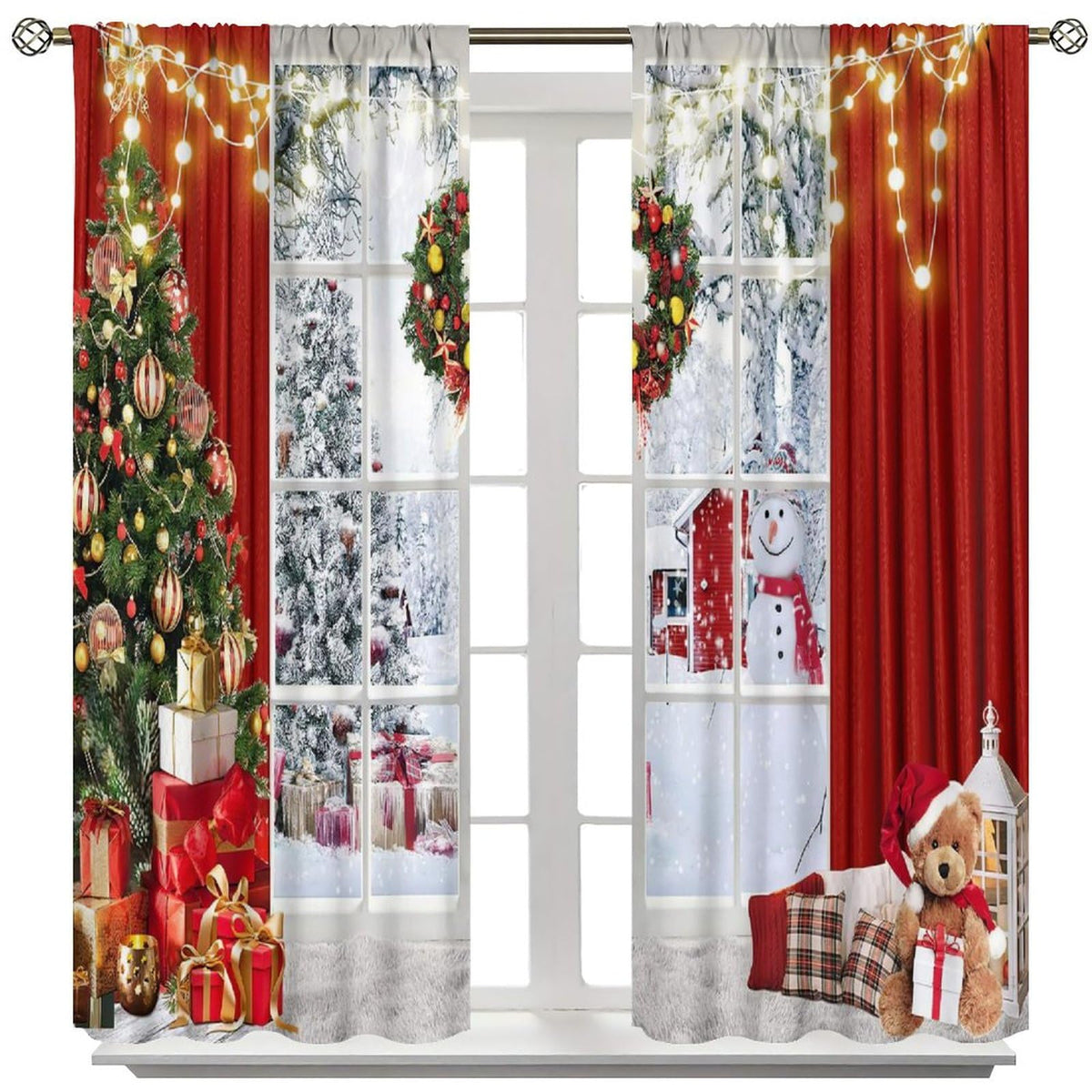 FengMingRui Merry Christmas Curtains Winter Festival Snowman Christmas Tree New Year Christmas Window Treatment Bedroom Living Room Decoration Blackout Decor Window Drapes 52" W X 84" L