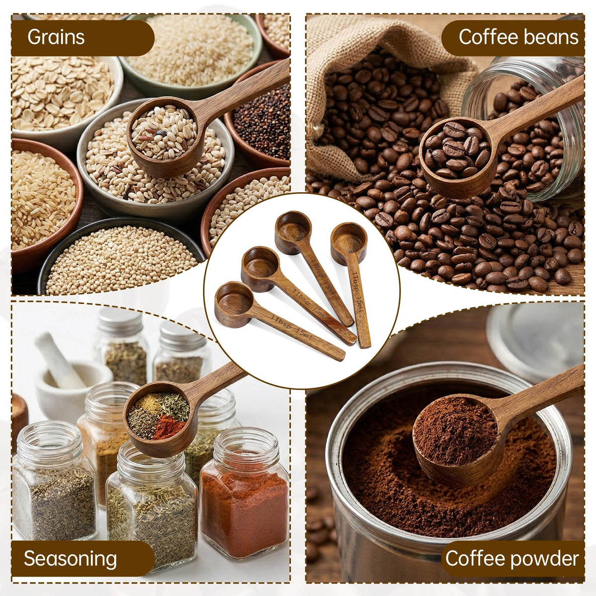 8 Pcs Wooden Measuring Scoops, 15ml/1Tbsp Wooden Scoops for Canister Jars, Acacia Wood Coffee Ground Measure Scoop Set, Kitchen Accessories for Coffee Beans Tea Sugar Bath Salt Washing Powder