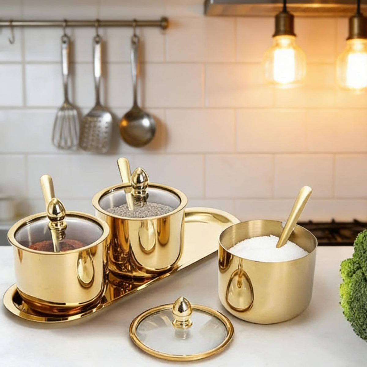 HMDIUM Sugar Bowl Set - 3 Grid Condiment Jars with Glass Lids & Spoon Stainless Steel Canisters with Tray for Sugar, Spice, Salt - Stylish Kitchen Storage Containers