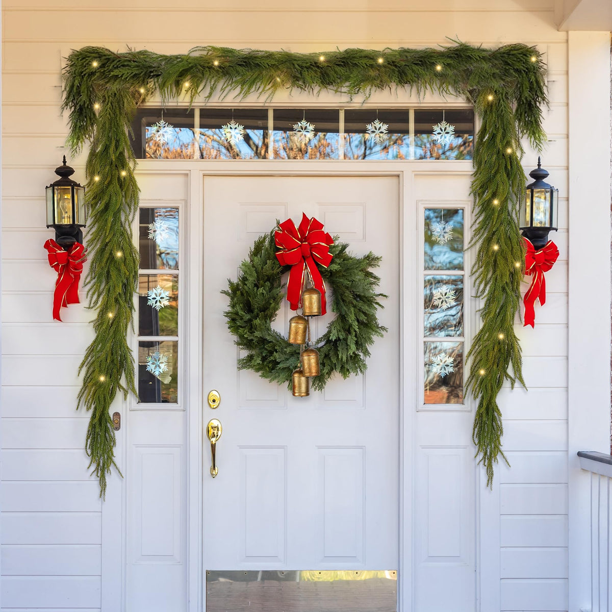 Fovths 1 Pack 9 Feet Christmas Norfolk Garlands Set Artificial Faux Greenery Garland 4 Cow Bell with Jute Hanging Rope Light String Winter Pine Garland for Xmas Indoor Holiday Decor, Green