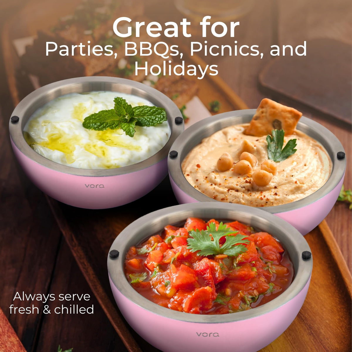 Vora 35oz Dip Chiller Bowl | 1 Pack Pink Stainless Steel Chilled Serving Bowl Keep Dips, Salads, and Appetizers Perfectly Cold with Leak-Resistant Ice Bowl for Effortless Hosting