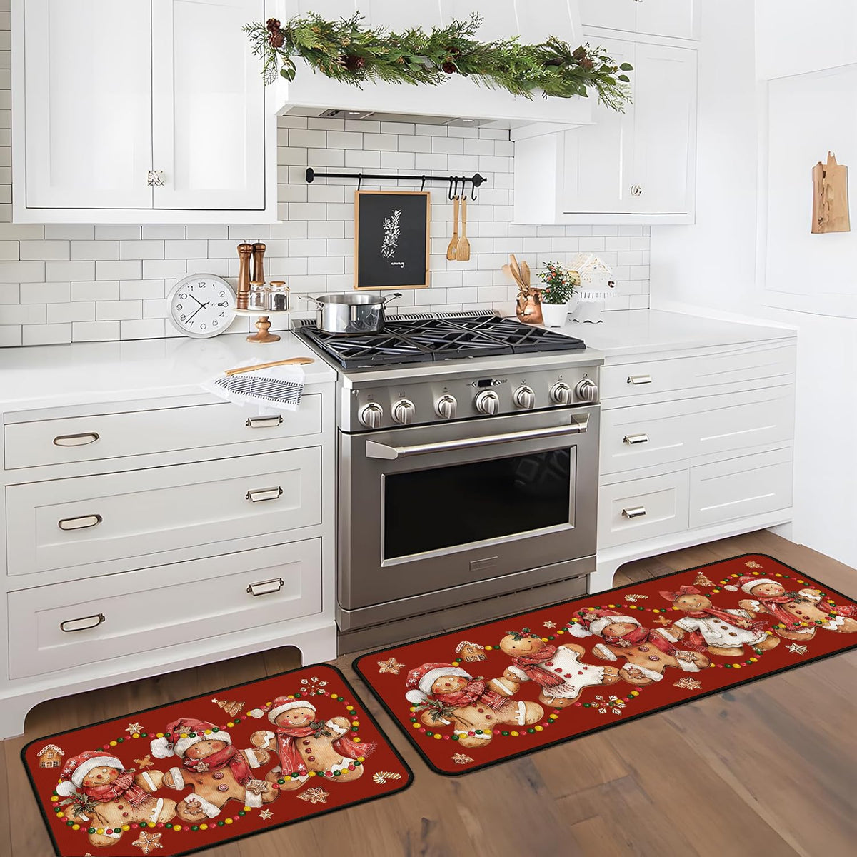 Christmas Kitchen Mats for Floor, Gingerbread Kitchen Rugs Sets of 2,Red Xmas Non-Slip Washable Kitchen Decor Floor Rug Home Decoration Doormat 17"x30"+17"x47"
