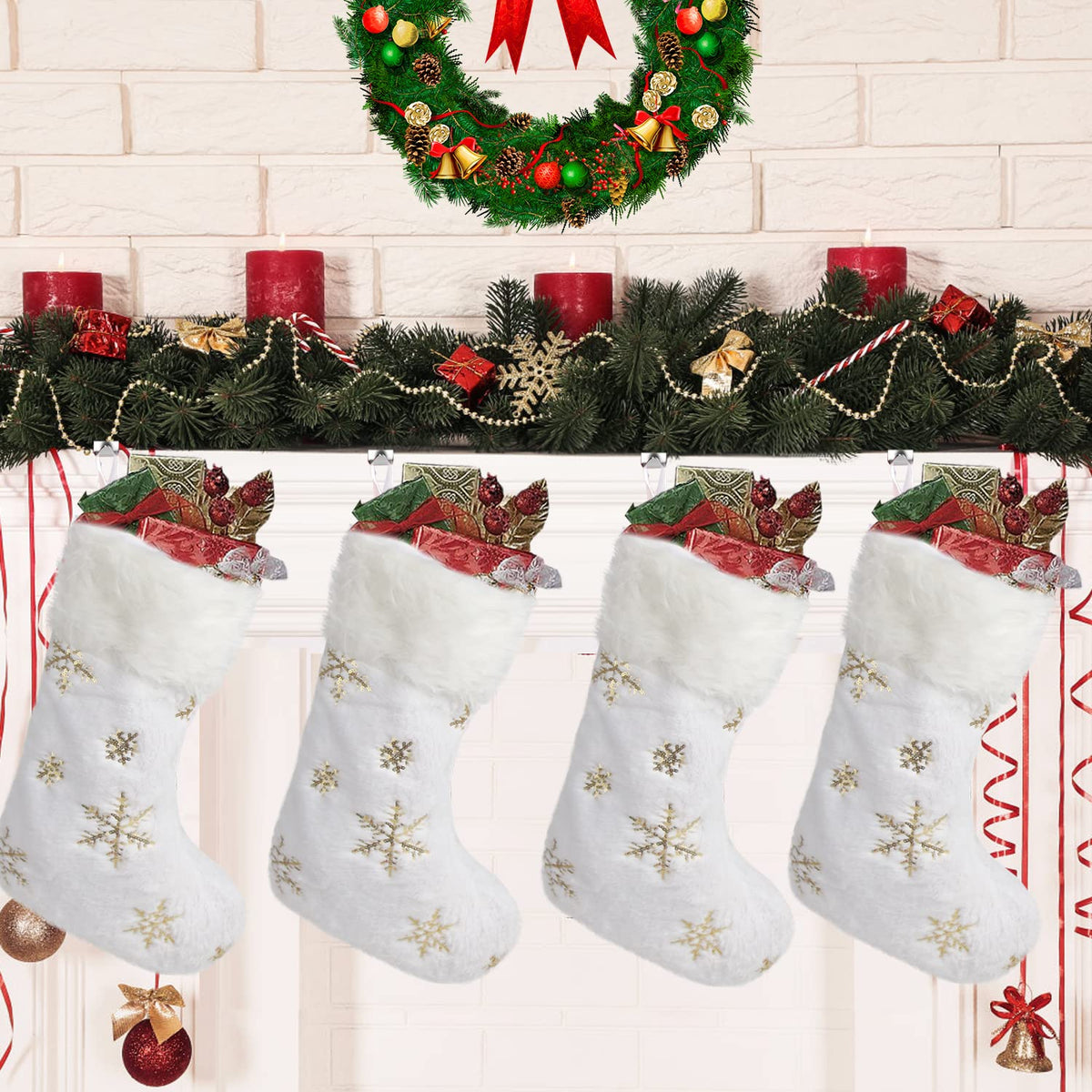 CCINEE 4PCS White Christmas Stockings,18 Inch Large Plush Faux Fur Xmas Stocking with Golden Snowflake Sequin Glitter Snowflake Hanging Stocking for Christmas Tree Wall Fireplace Home Decoration