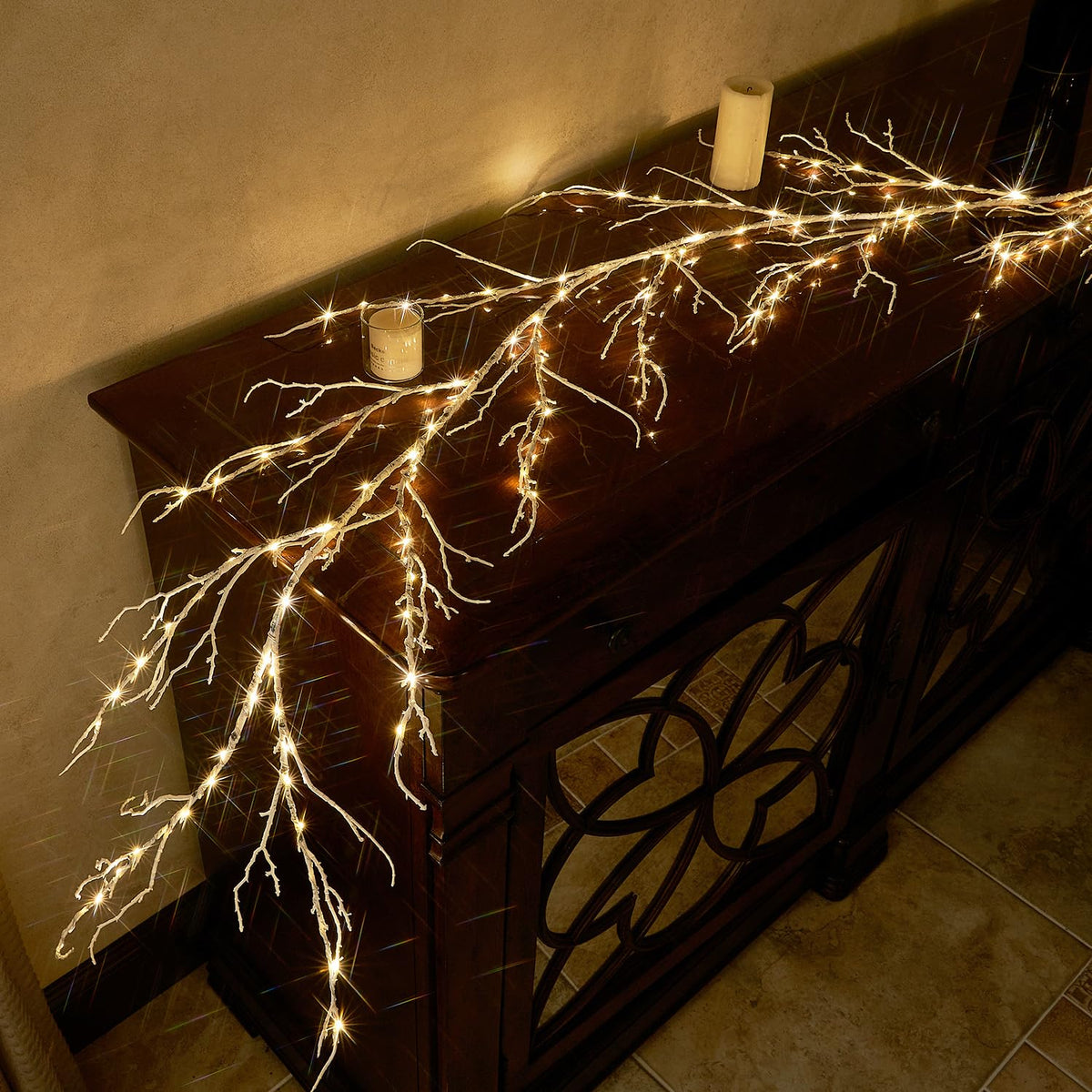LITBLOOM Birch Garland with Lights 6FT 120 Fairy Lights Plug in, Lighted White Twig Vine Garland for Home Mantle Wall Christmas Decoration Inside Outside
