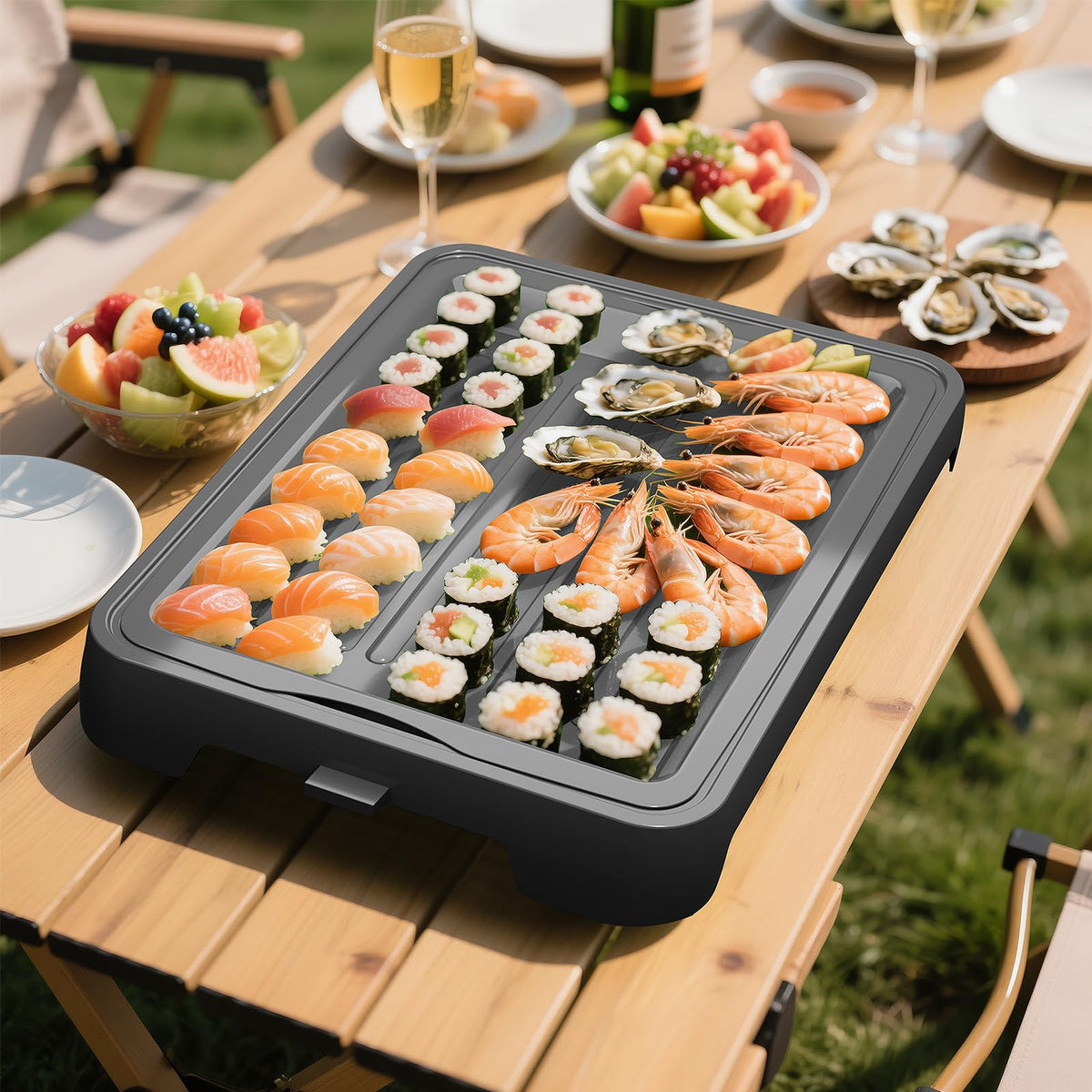 Chilled Portable Serving Tray Platterbox with Reusable Ice Pack with Lid Shrimp Cocktail Serving Dish Platter Cold Food Buffet Server for Appetizer Veggie Fruit Food Parties Outdoor Picnic, Black