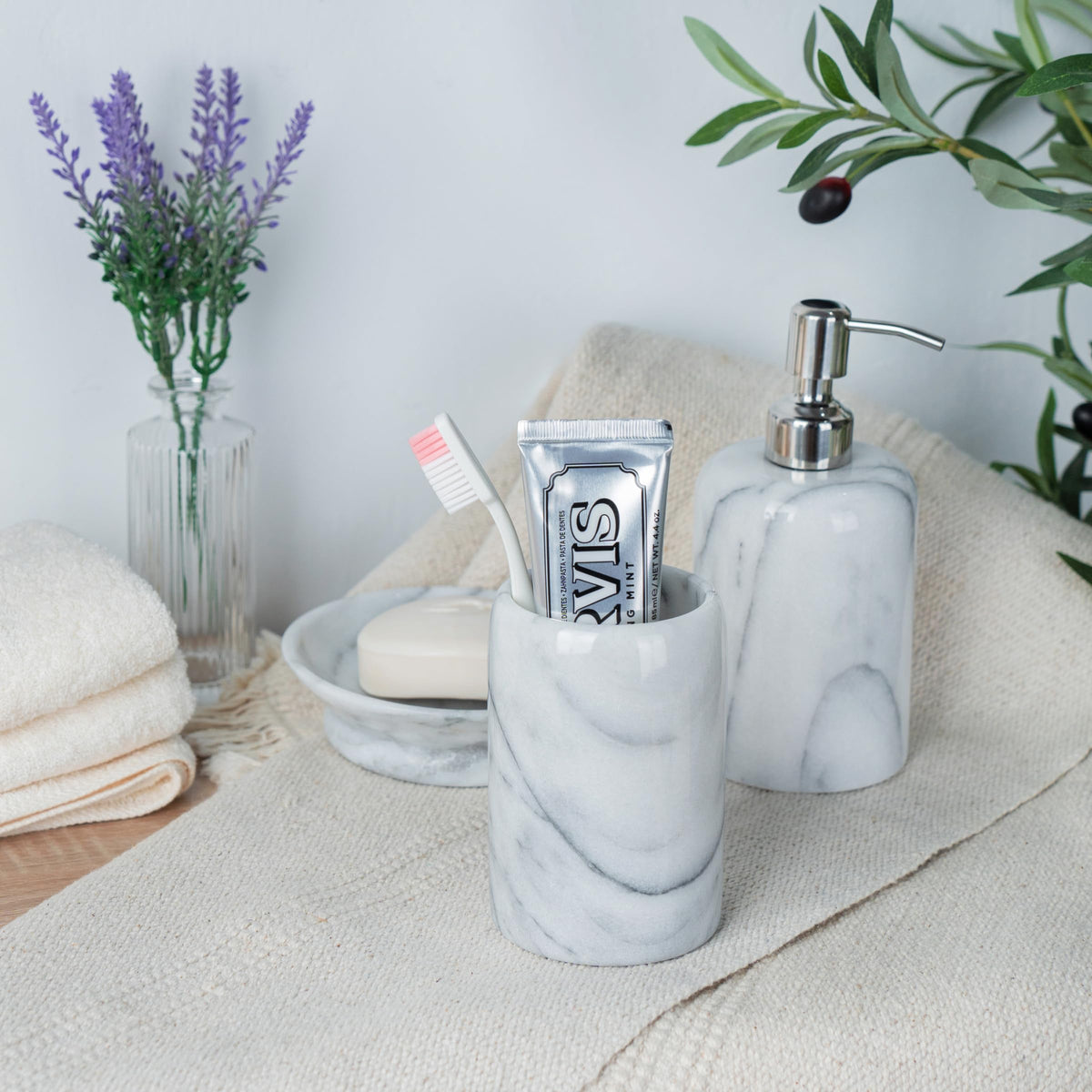 Luxury Hand-Carved Natural Marble Toothbrush & Makeup Brush Holder – Heavy-Duty Taiwan Yushan Stone for Bathroom, Vanity, Office & Desk Organizer (3.3” x 4.5”, Off-White)