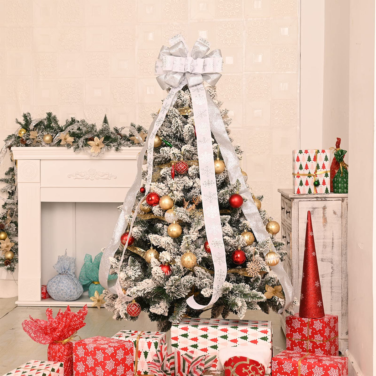 Christmas Tree Topper, 40x13 Inches Toppers Bow with Glitter Satin Mesh Streamer and Patterned Ribbon, Christmas Tree Topper Bow for Christmas Home Decoration (Gold)