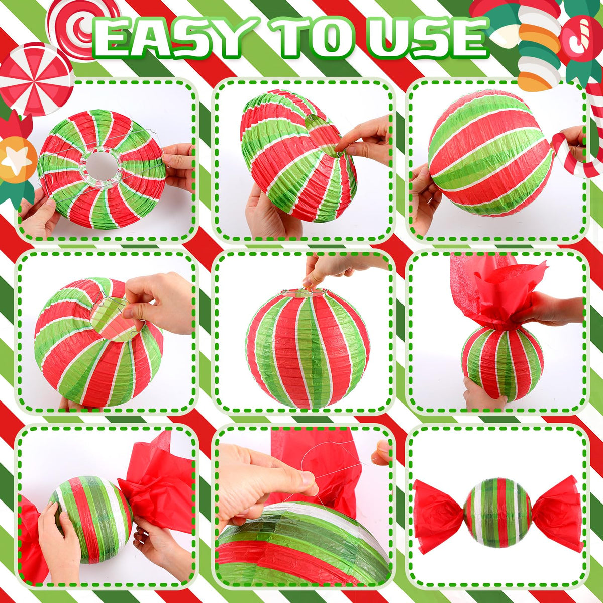 Faccito 12 Pcs Christmas Candy Paper Lanterns 8 Inch Red Green White Candy Canes Peppermint Lanterns DIY Decorative Hanging Paper Party Decorations for Xmas Party Supplies