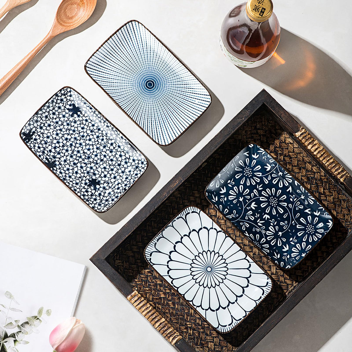 Kytree 4 Piece Japanese Sushi Plate Set, Rectangle Soy Sauce Dish Ceramic Dipping Bowl for Appetizer, Charcuterie, Dessert, Salad, Side Dishes