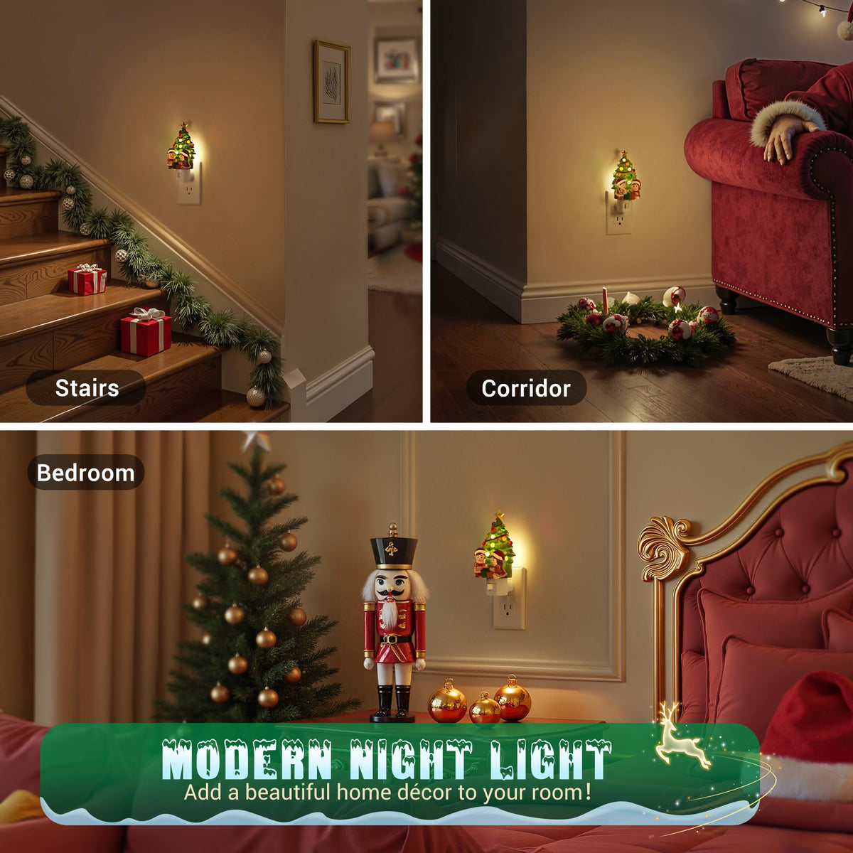 JandCase Christmas Tree & Santa Claus Night Light, 3000K Night Lights Plug into Wall,Cute & Funny Ceramics Christmas Night Light for Kids, 360° Rotatable for Home Party Decor,1 Pack