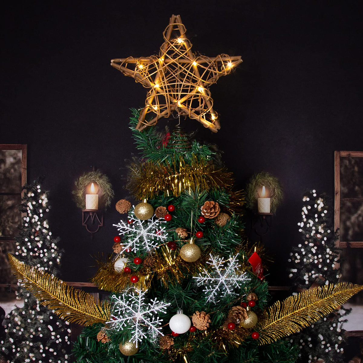 LAWOHO Christmas Tree Topper Star, 10-inch Rustic Brown Rattan Natural with 10 Warm White Lights Three Functions with Timer, Seasonal Decoration for Festive Christmas Home Indoor Ornament