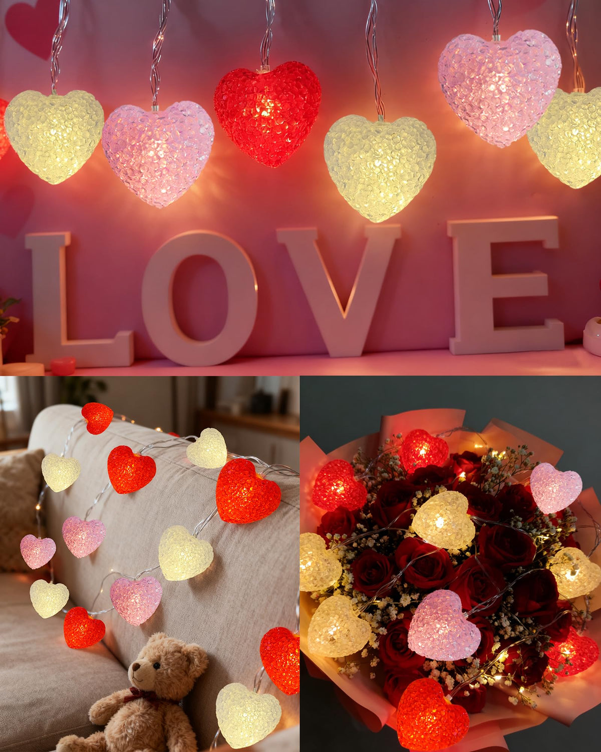 Valentine Lights Indoor 7Ft 10 LED Red White and Pink Heart Shaped String Lights with Timer & 8 Modes, Valentines Heart Light Battery Operated for Home Porch Wedding Christmas Valentine's Day Decor