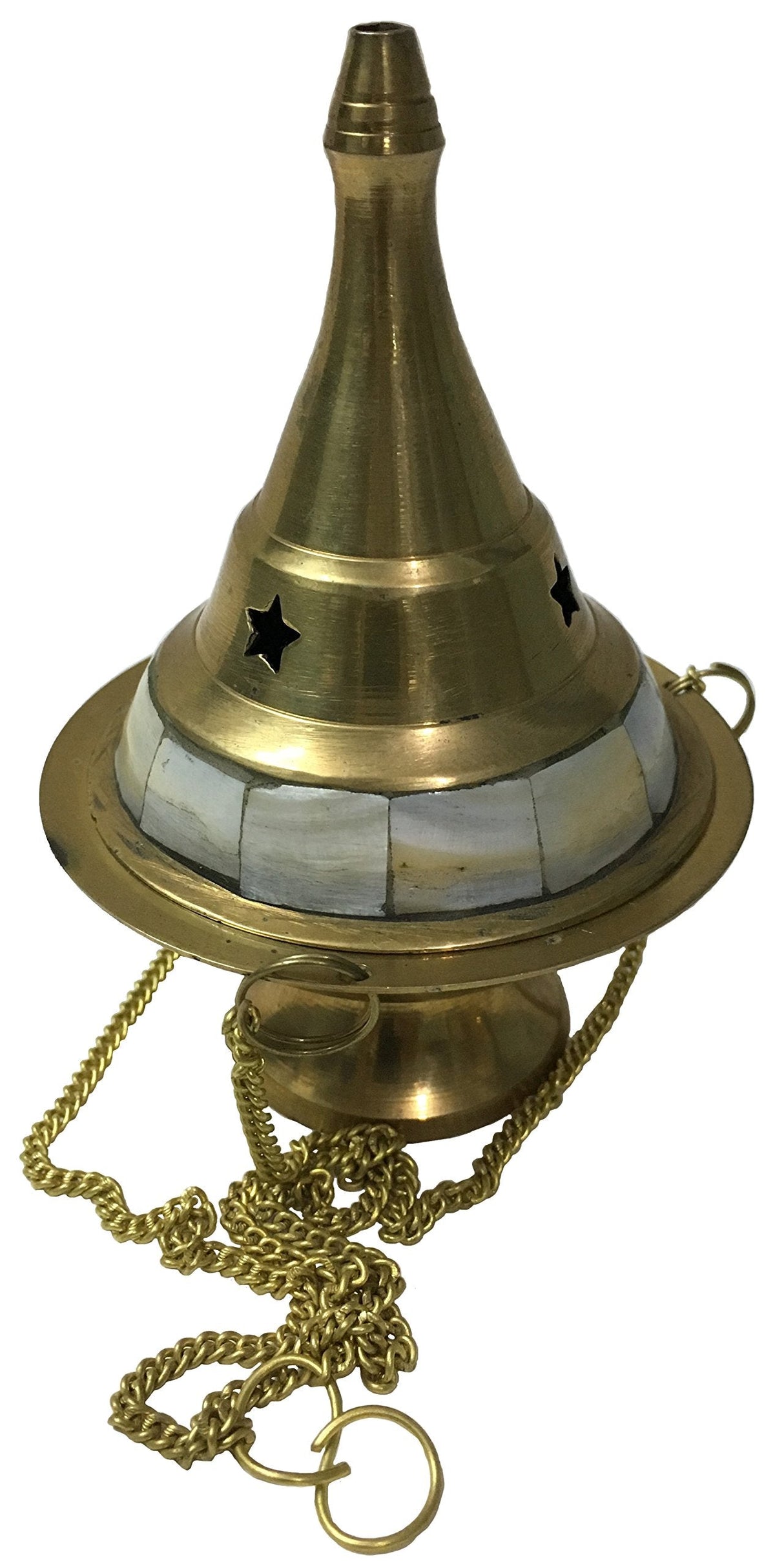 Vrinda® Brass Hanging Censer/Charcoal Incense Burner Studded with Pearl Stone | Traditional Aromatherapy Tool for Home and Meditation Spaces | Beautiful Hanging Design| 4'' High (Gold)