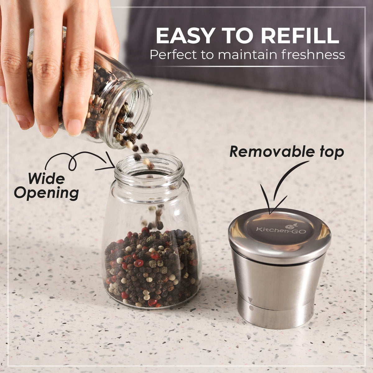 Salt and Pepper Grinder Set – Manual Salt Grinder and Pepper Mill for Black Pepper, Sea Salt – Refillable, Easy-to-Use Salt & Pepper Mill Set