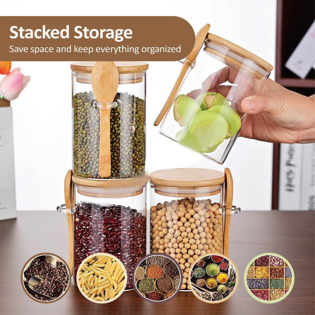 MOLADRI 15 oz/450 ml Glass Storage Canister with with Airtight Lid, Cute Clear Decorative Container Jar with Wooden Spoon for Coffee Spice Candy Salt Cookie Condiment Sugar Matcha Tea Overnight Oats