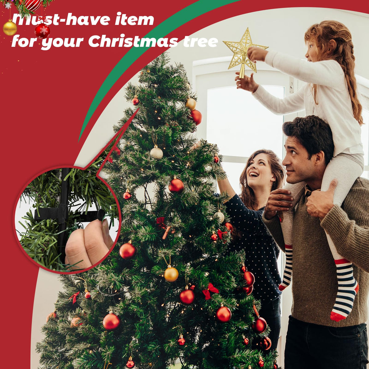 Christmas Tree Topper, 7.5 Inch Gold Star Tree Topper with Topper Stabilizer Supporter, Xmas Star Treetop Toppers Christmas Trees Decorations Ornaments for Holiday Home Decor
