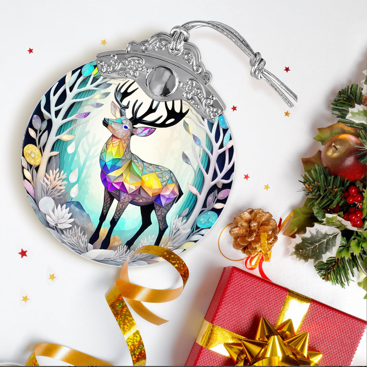 Jocidea Stained Glass Suncatcher, Deer Ornament for Christmas Tree, Holiday Home Decor and Gifts