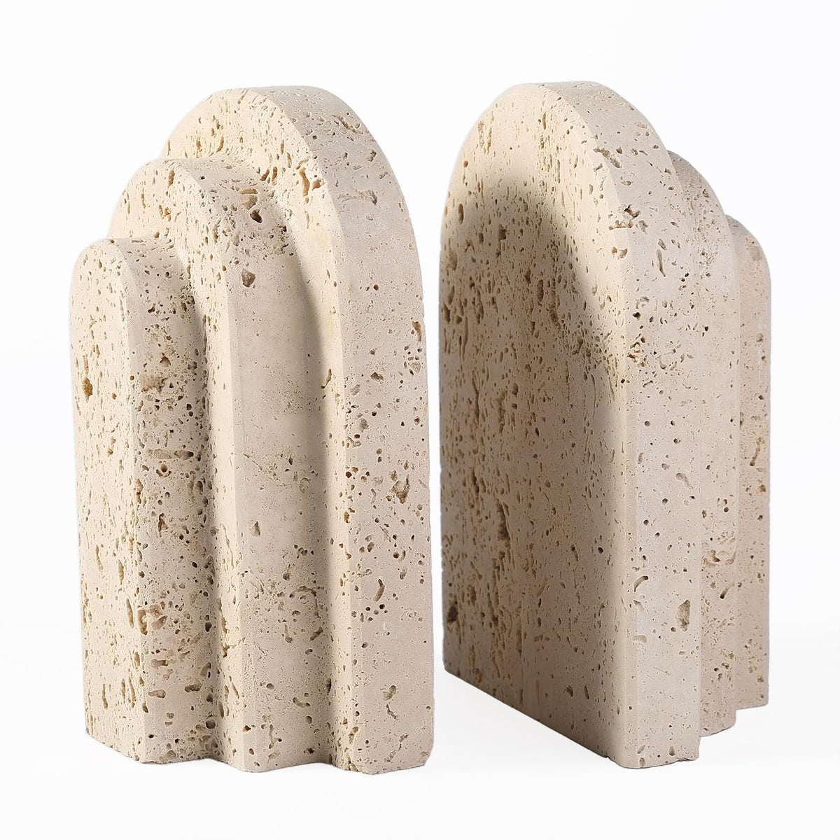 Natural Marble Book Ends - Heavy Duty Bookends for Shelves - Aesthetic Layered Arch Design Stone Book Holders, Unique Modern Office Bookshelf Stopper Decor for Books/CDs(Travertino Turkey)