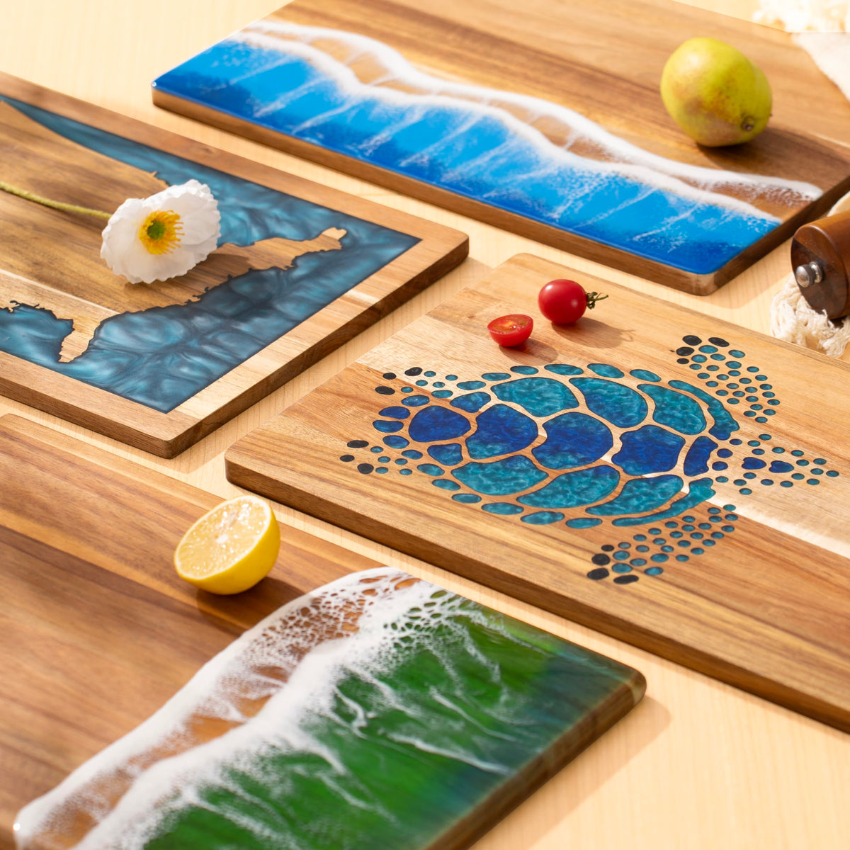 LILKUISYN Acacia Wood Cutting Board With Blue Resin Wave & Sea Turtle Epoxy Resin Ocean Pan for Kitchen Meal Prep Serving Tray Versatile Cheese & Charcuterie Board for Meat Vegetable Gift 15*10 inch