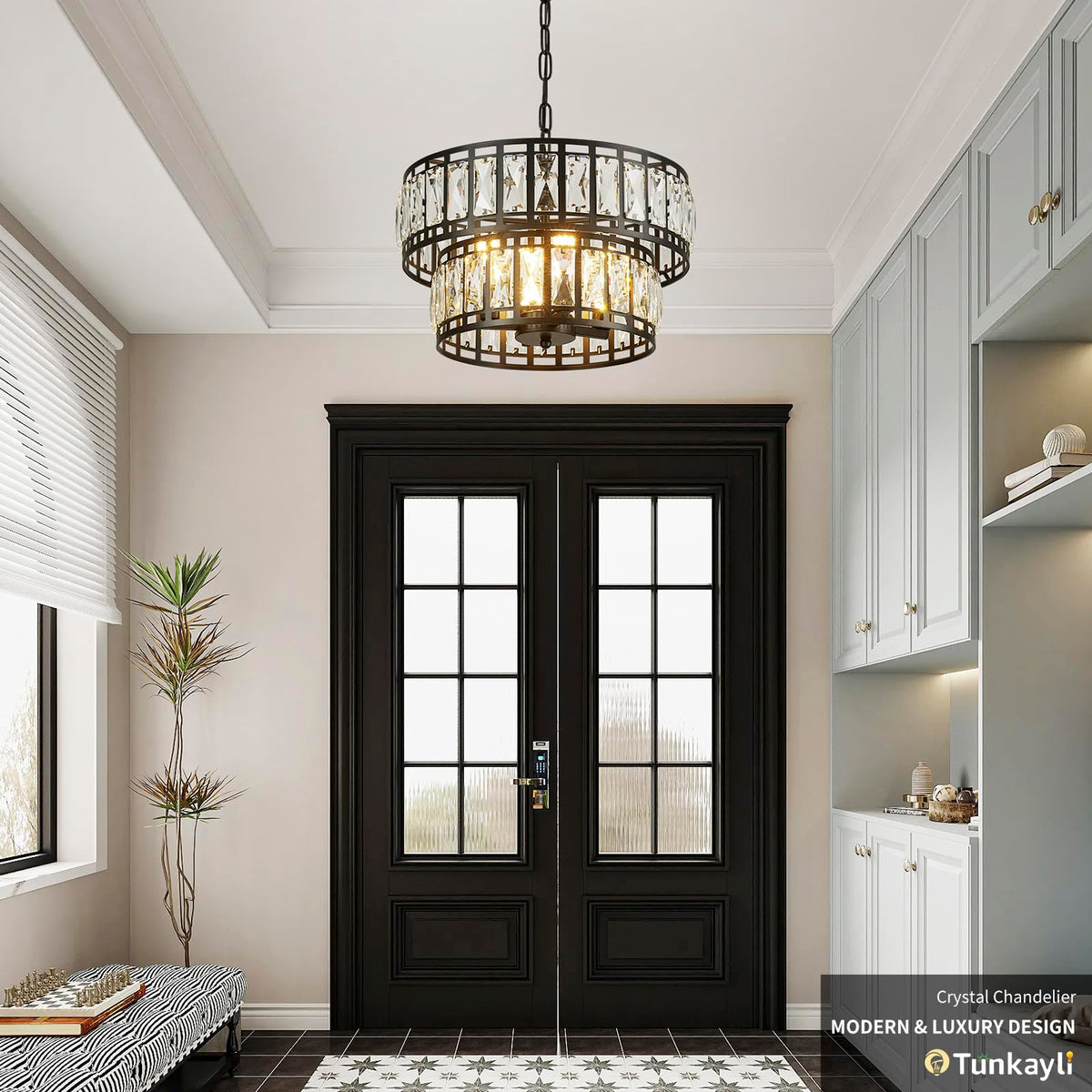 Tunkayli 15.7" Chandeliers for Dining Room, Modern Black K9 Luxury Crystal Chandelier, 4-Light 2-Tier Drum Farmhouse Lighting Fixture for Kitchen Island Living Room Entryway Bedroom Foyer