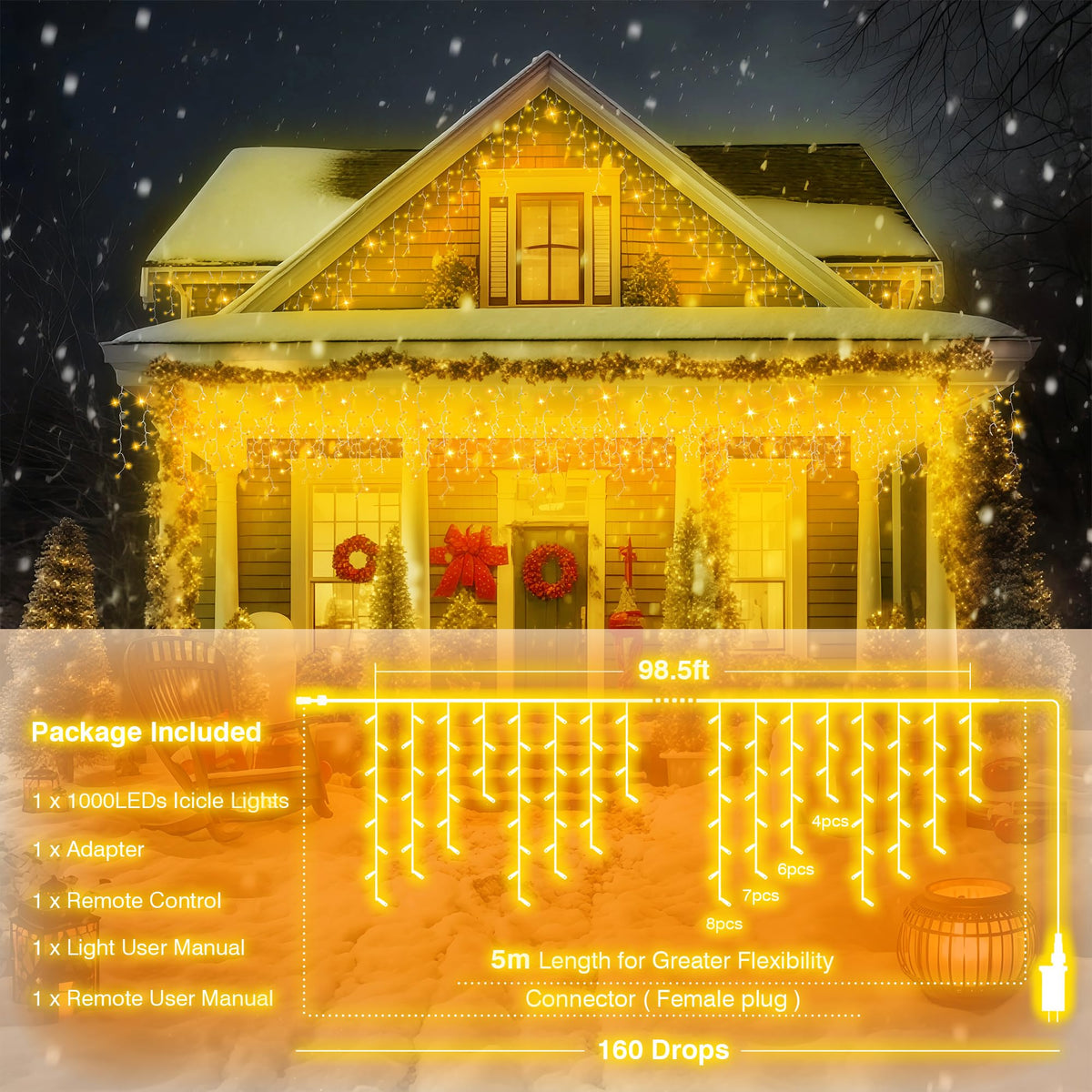 1000 LED Icicle Lights Outdoor, Plug in 98ft Waterproof Christmas String Lights, 8 Modes 4 Adjust Brightness, Remote & Timer, Indoor & Outside Decoration for Party, Wedding, Garden, Window, Wall
