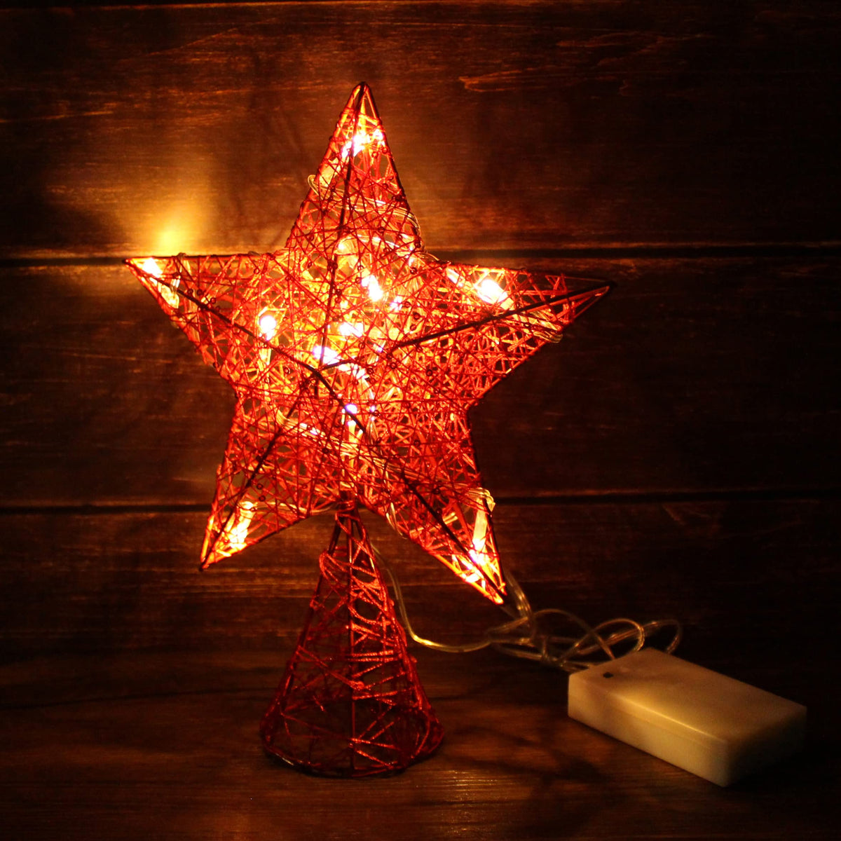 CVHOMEDECO. Red Tree Top Star with Warm White LED Lights and Timer for Christmas Ornaments and Holiday Seasonal Décor, 8 x 10 Inch