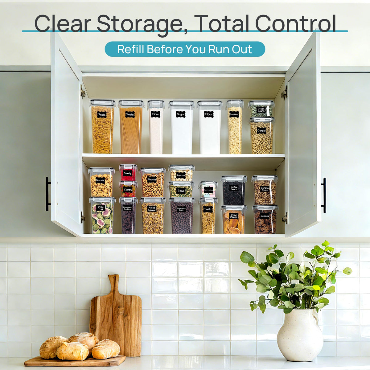 Airtight Food Storage Containers with Lids, Vtopmart 24 pcs Plastic Kitchen and Pantry Organization Canisters for Cereal, Dry Food, Flour and Sugar, BPA Free, Includes 24 Labels,Black