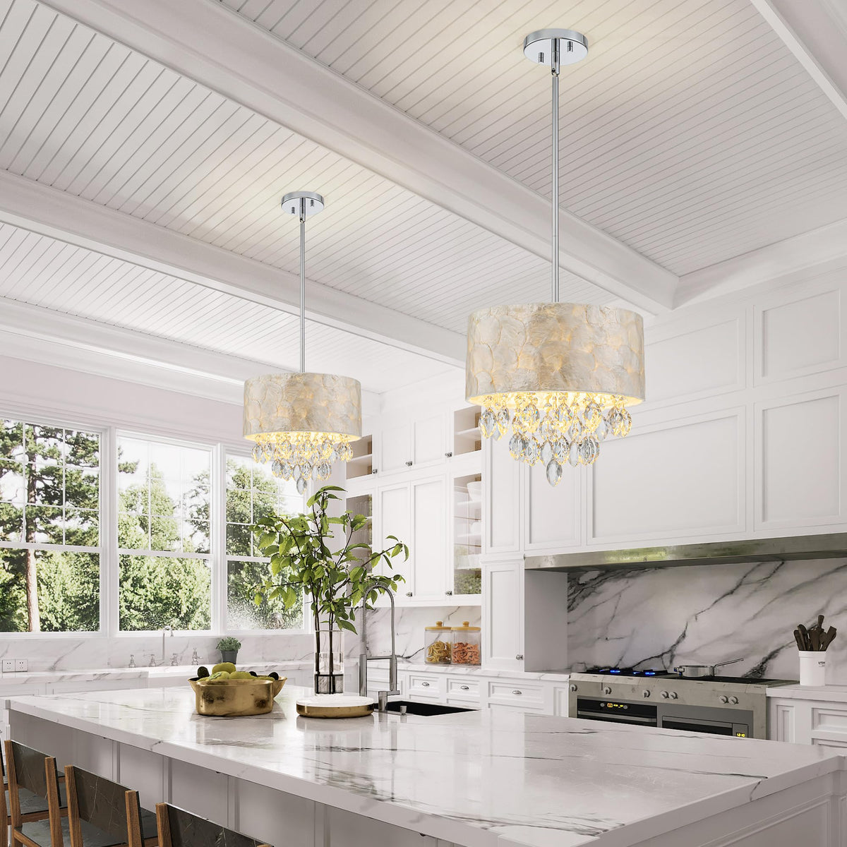 Pine Flicker 3-Light Drum Capiz Shell K9 Crystal Chandelier, Coastal Style Pendant Light Fixture for Dining Room, Living Room, D12 * H19~49 inch (Adjustable), Clear Crystal & Chrome Finish Frame
