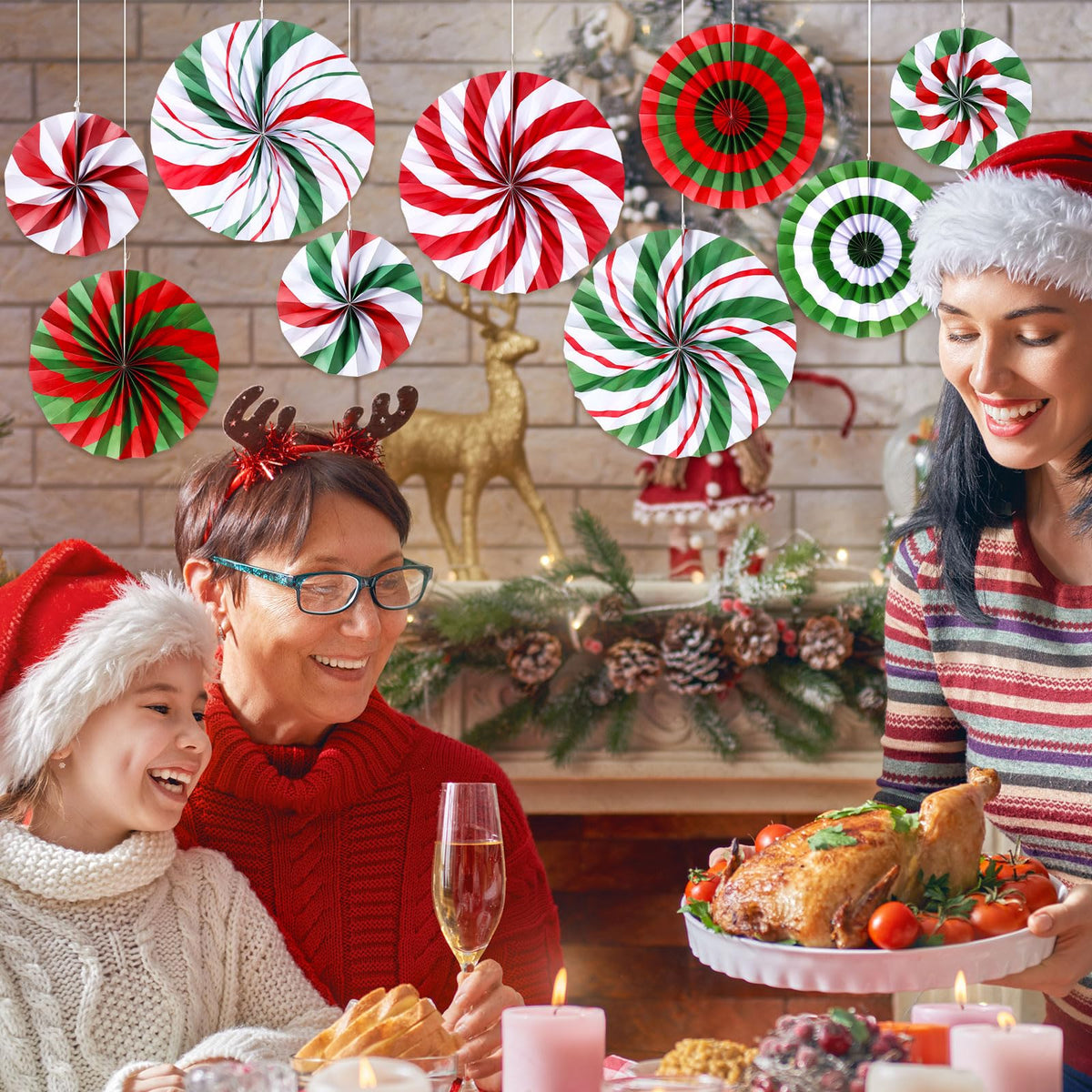 Outus Christmas Hanging Decorations Candy Paper Fans Peppermint Hanging Paper Fans Candy Cane Ceiling Wall Decor for Christmas Party Classroom Birthday Party(9 Pcs,Fresh)